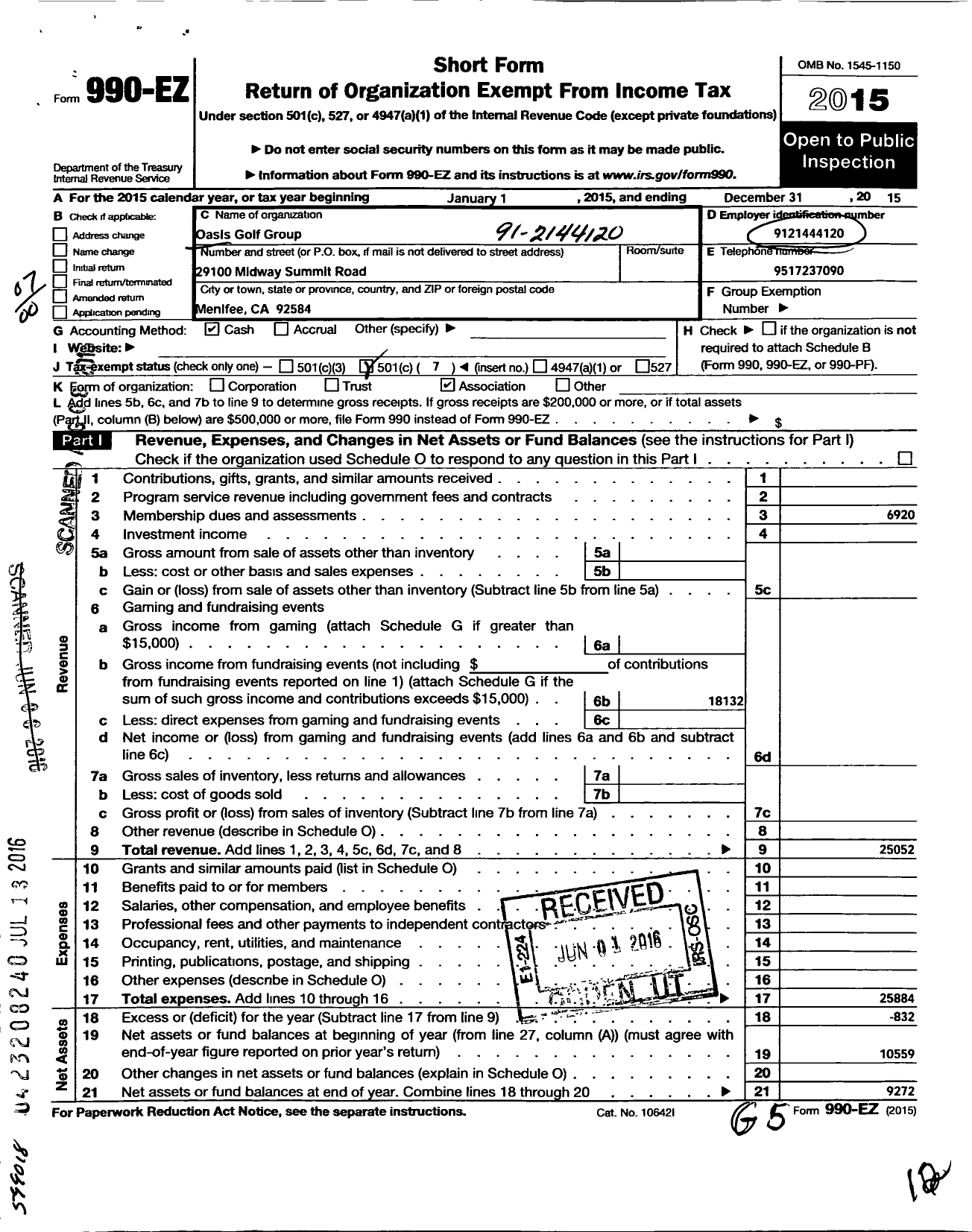 Image of first page of 2015 Form 990EO for Oasis Golf Group