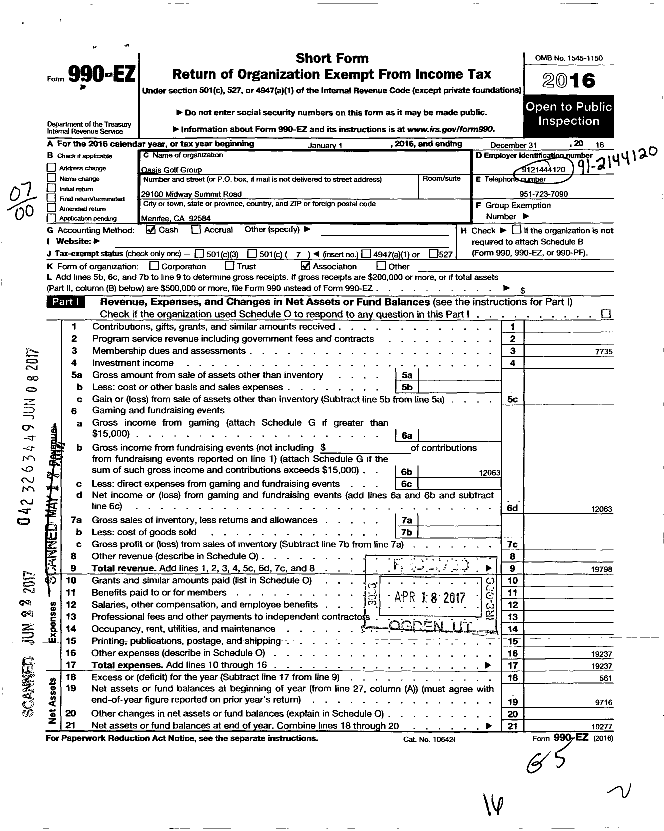 Image of first page of 2016 Form 990EO for Oasis Golf Group