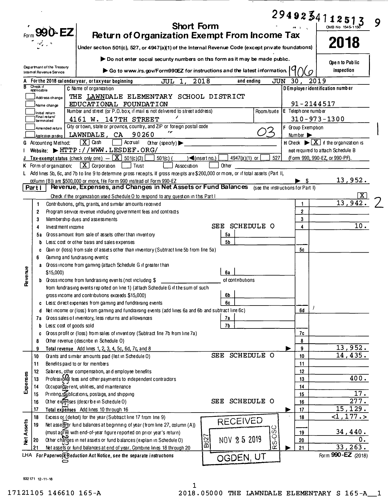 Image of first page of 2018 Form 990EZ for The Lawndale Elementary School District Educational Foundation