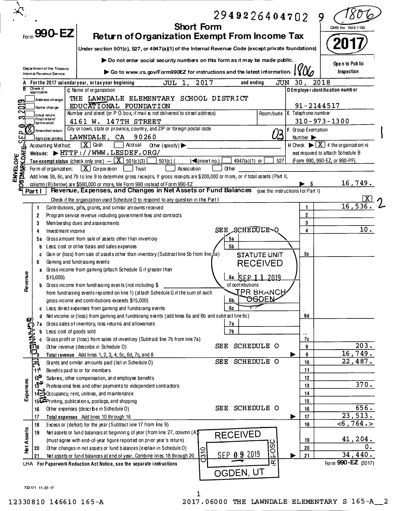 Image of first page of 2017 Form 990EZ for The Lawndale Elementary School District Educational Foundation