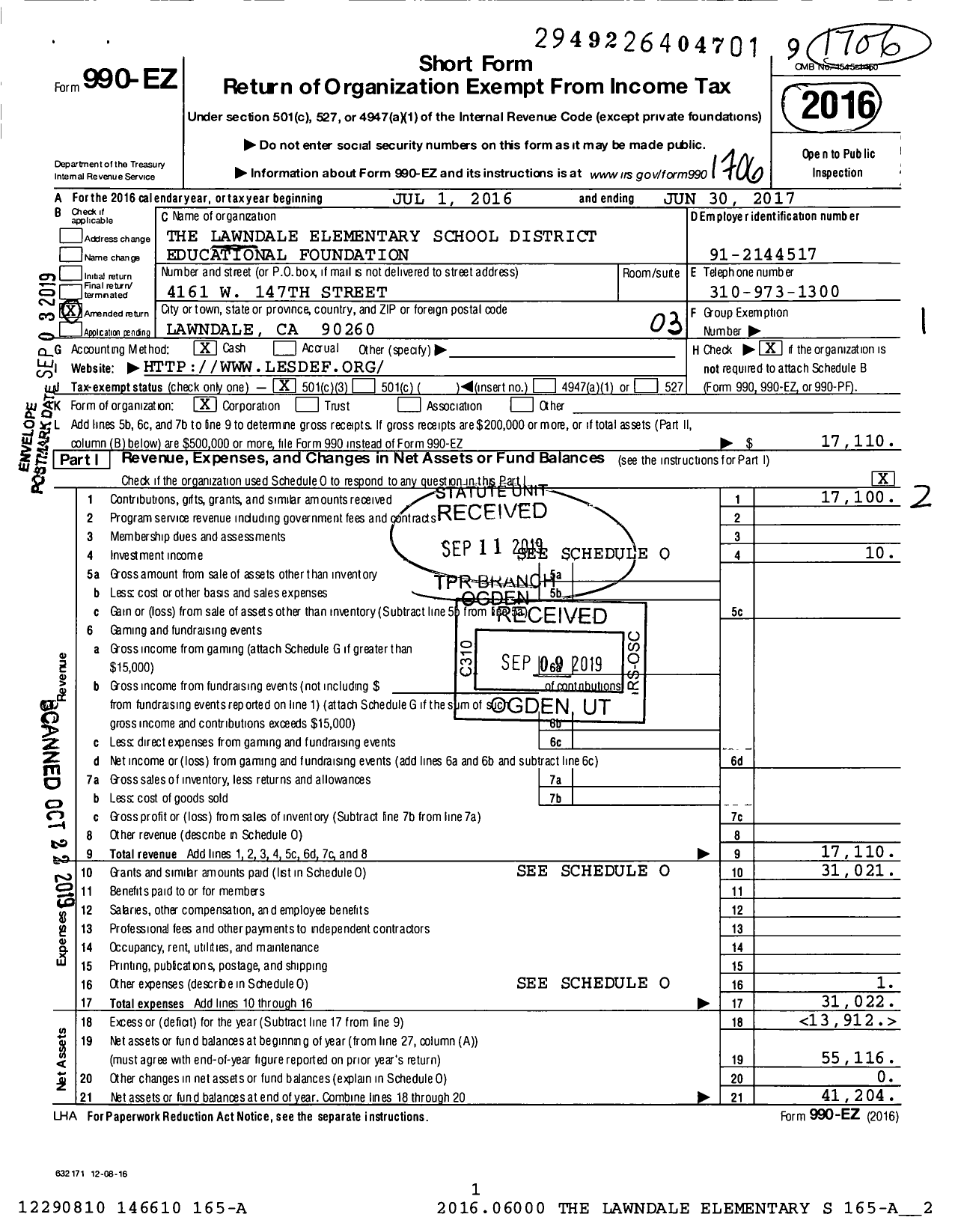 Image of first page of 2016 Form 990EZ for The Lawndale Elementary School District Educational Foundation