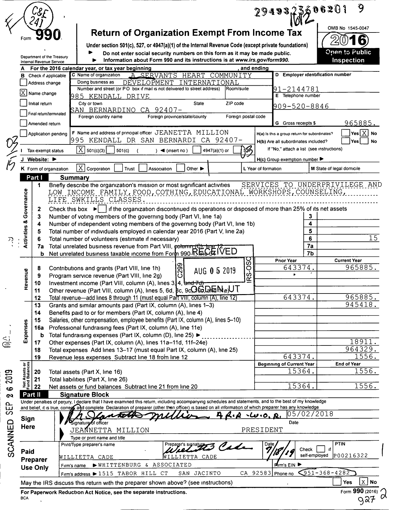 Image of first page of 2016 Form 990 for A Servants Heart Community Dev