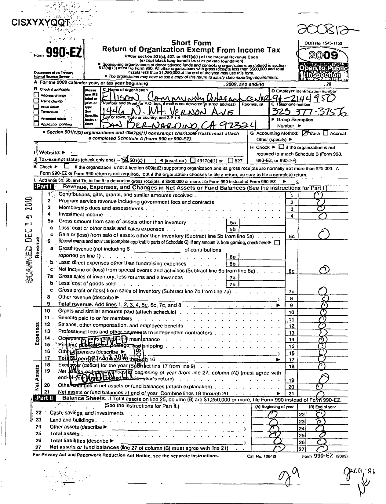 Image of first page of 2008 Form 990EO for Ellisons Community Outreach Center