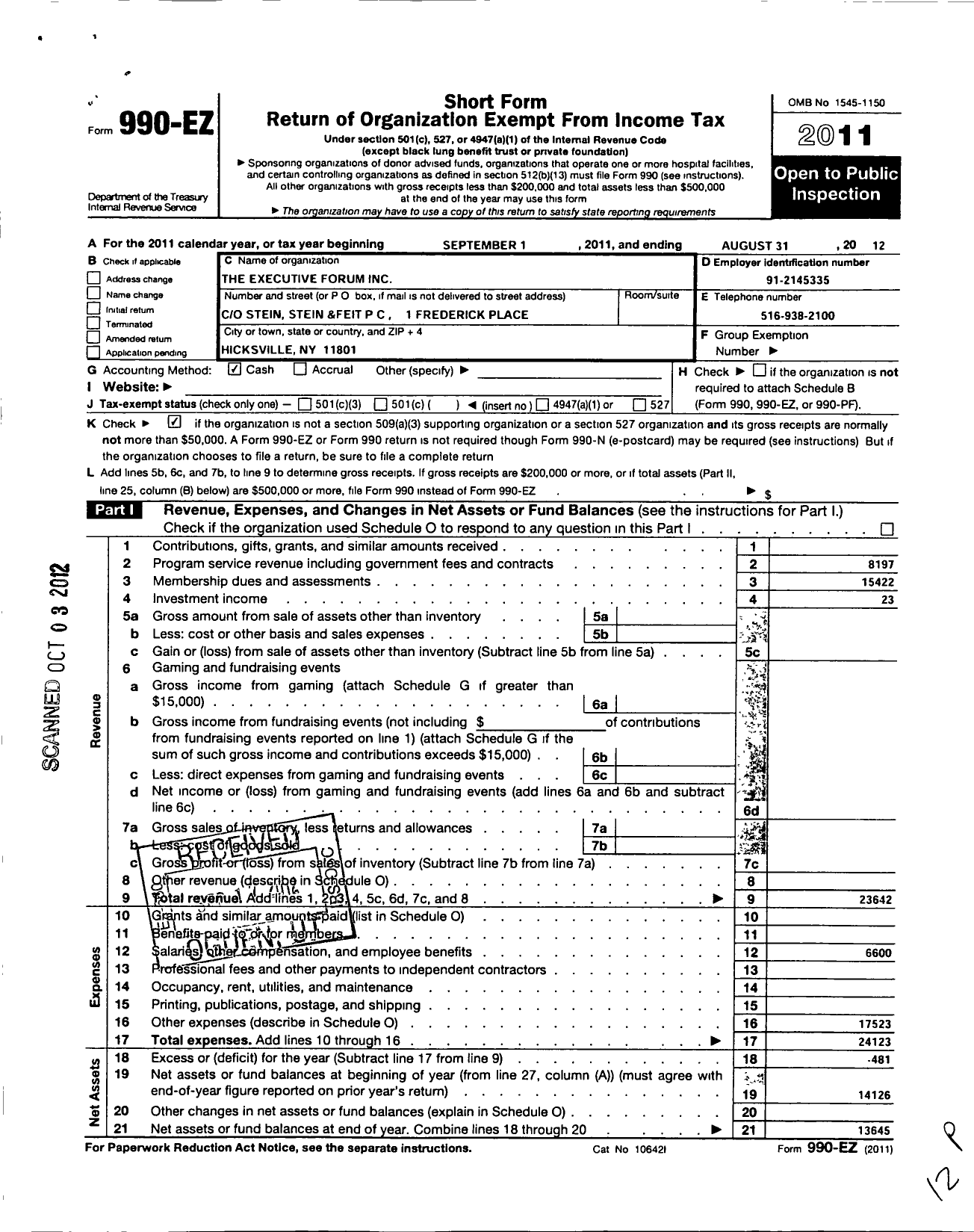 Image of first page of 2011 Form 990EO for The Executive Forum