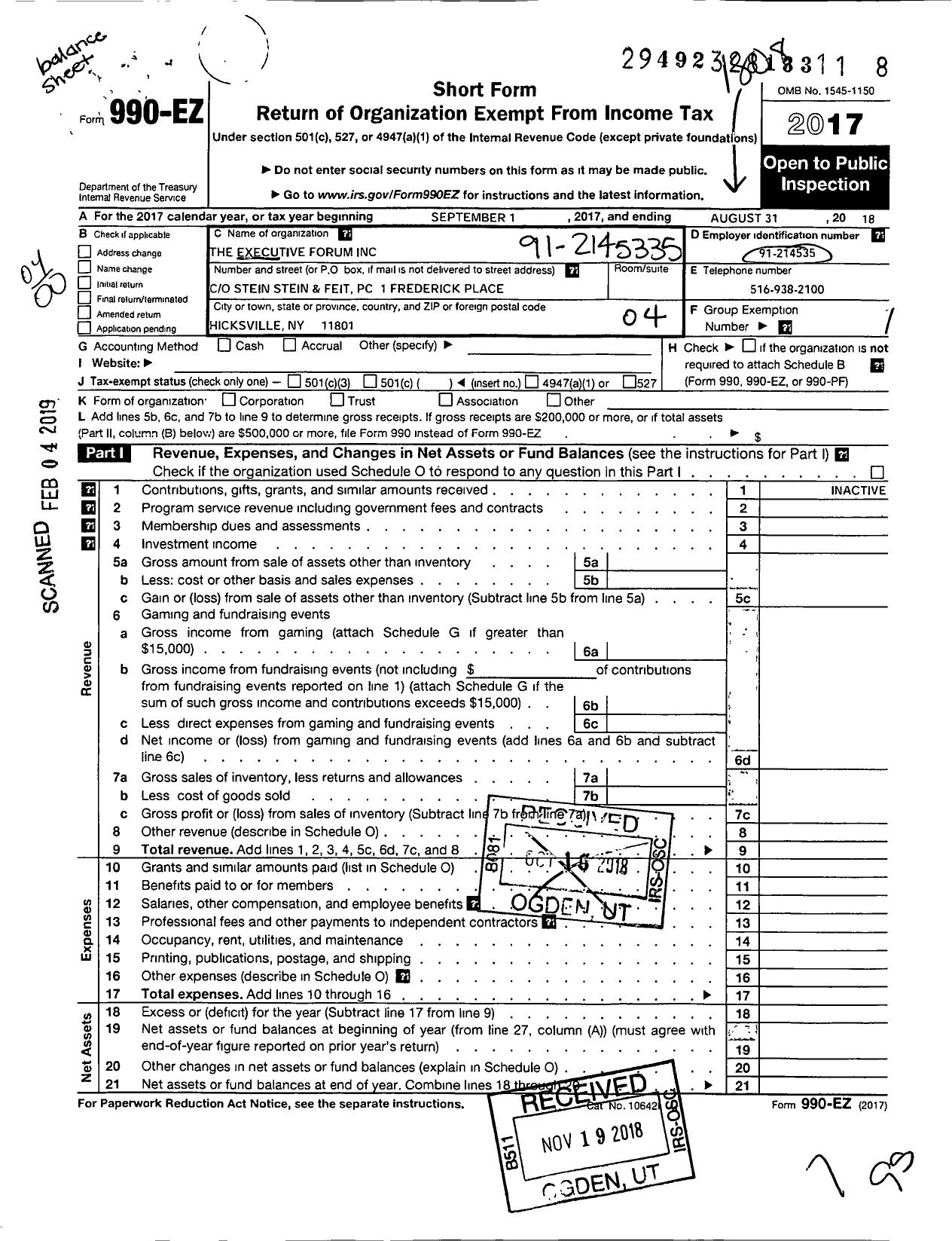 Image of first page of 2017 Form 990EO for The Executive Forum