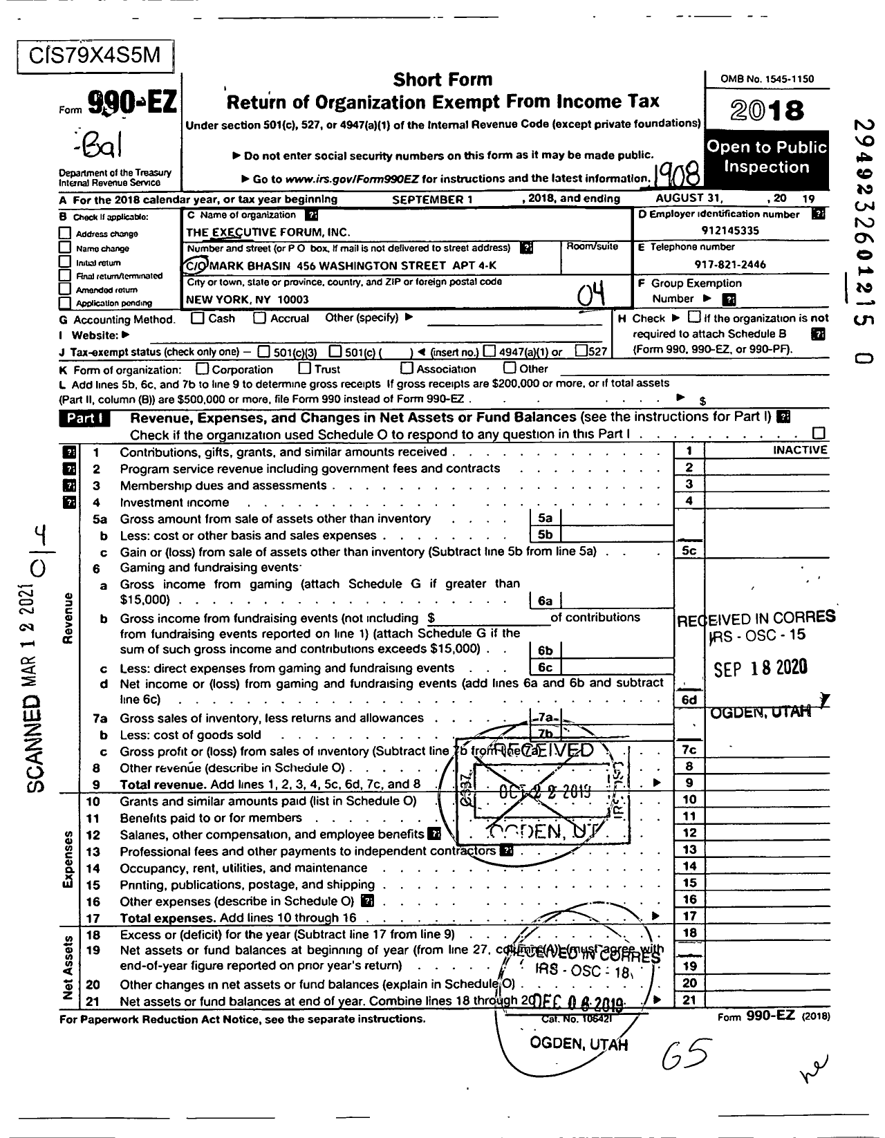 Image of first page of 2018 Form 990EO for The Executive Forum