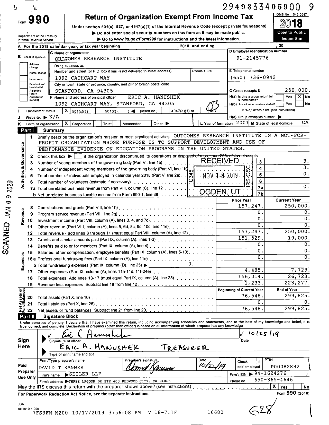Image of first page of 2018 Form 990 for Outcomes Research Institute