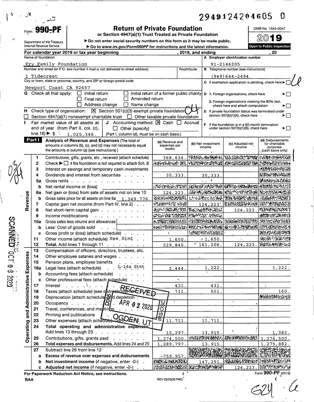 Image of first page of 2019 Form 990PR for Fry Family Foundation