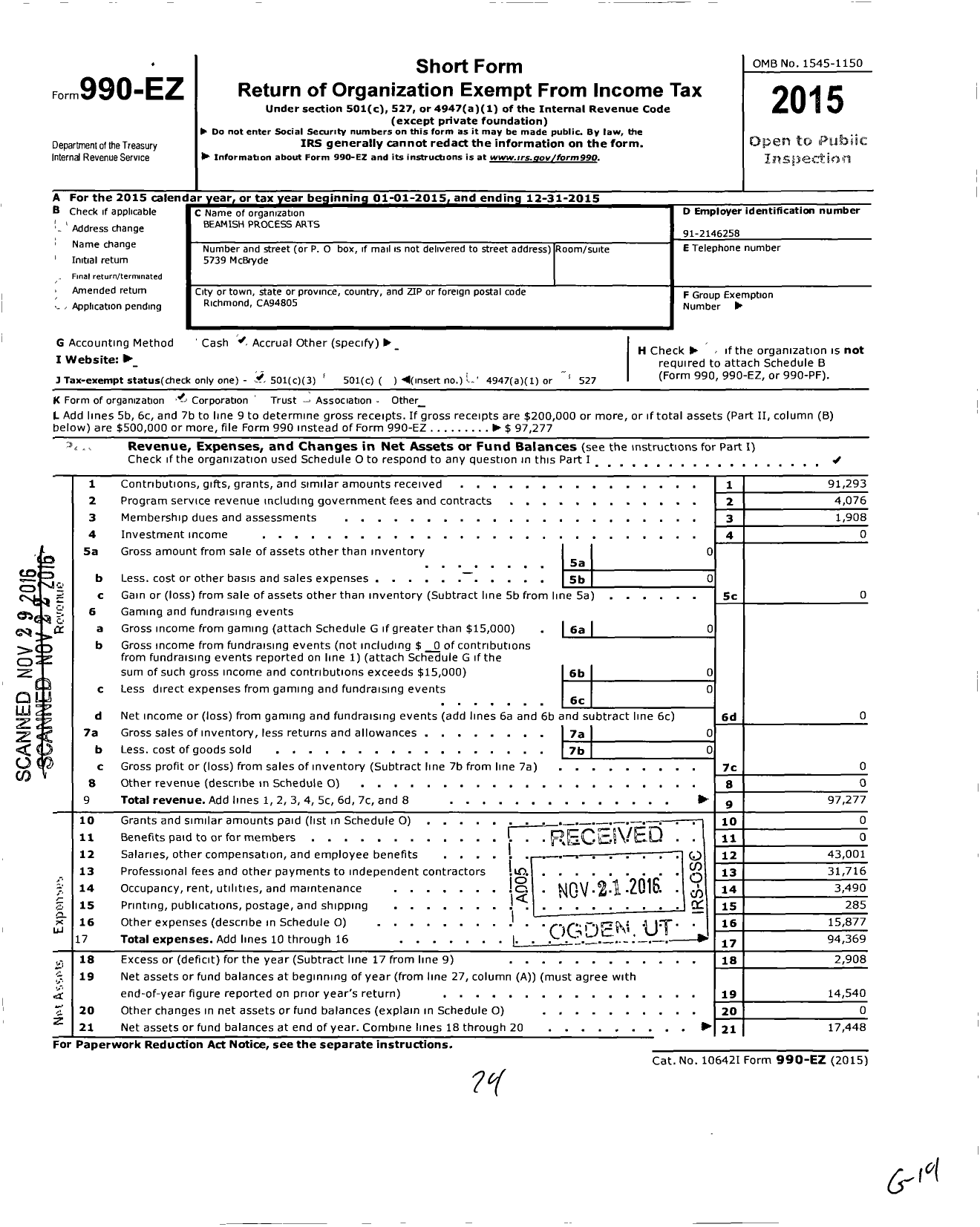 Image of first page of 2015 Form 990EZ for Beamish Process Arts