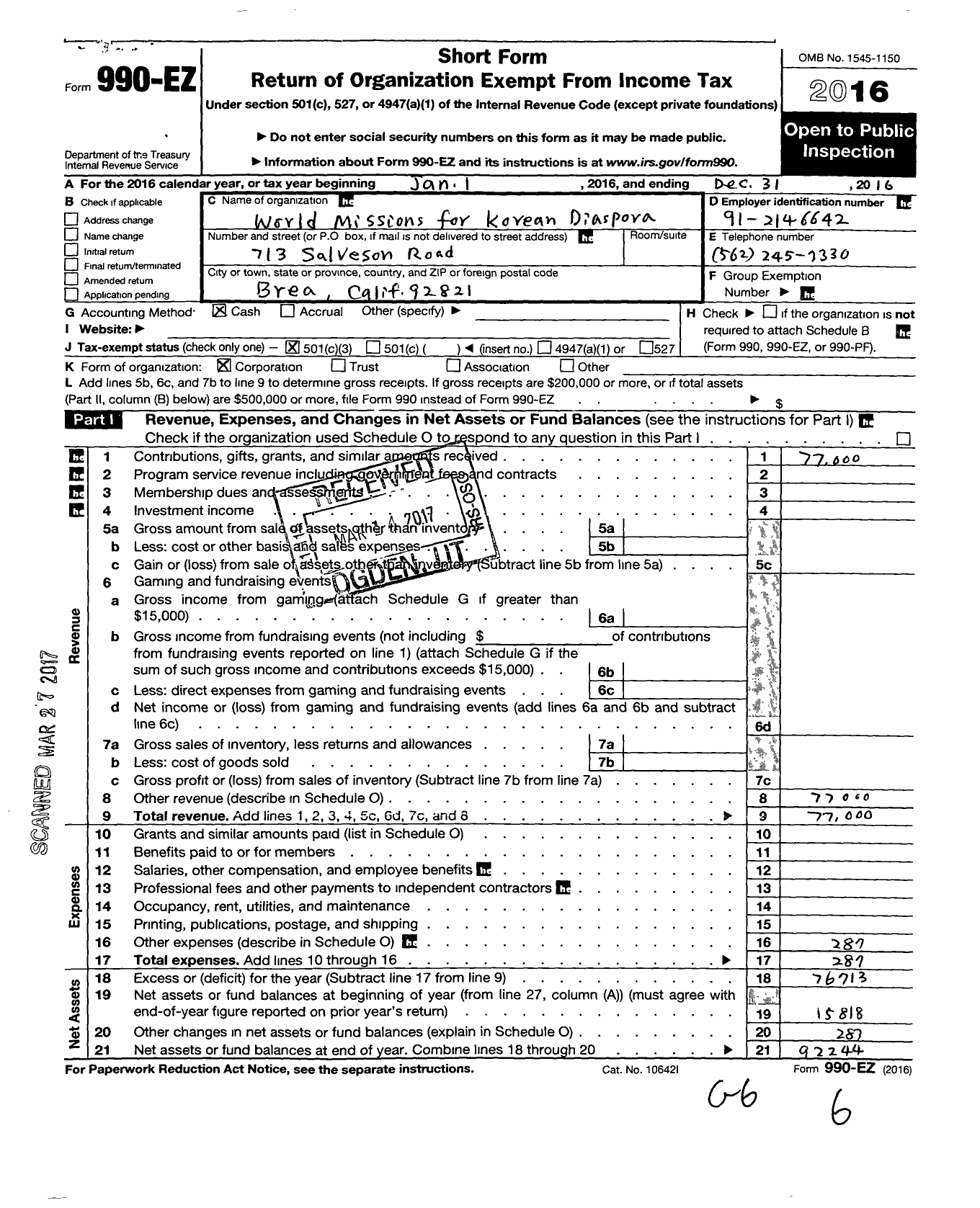 Image of first page of 2016 Form 990EZ for World Missions for Korean Diaspora