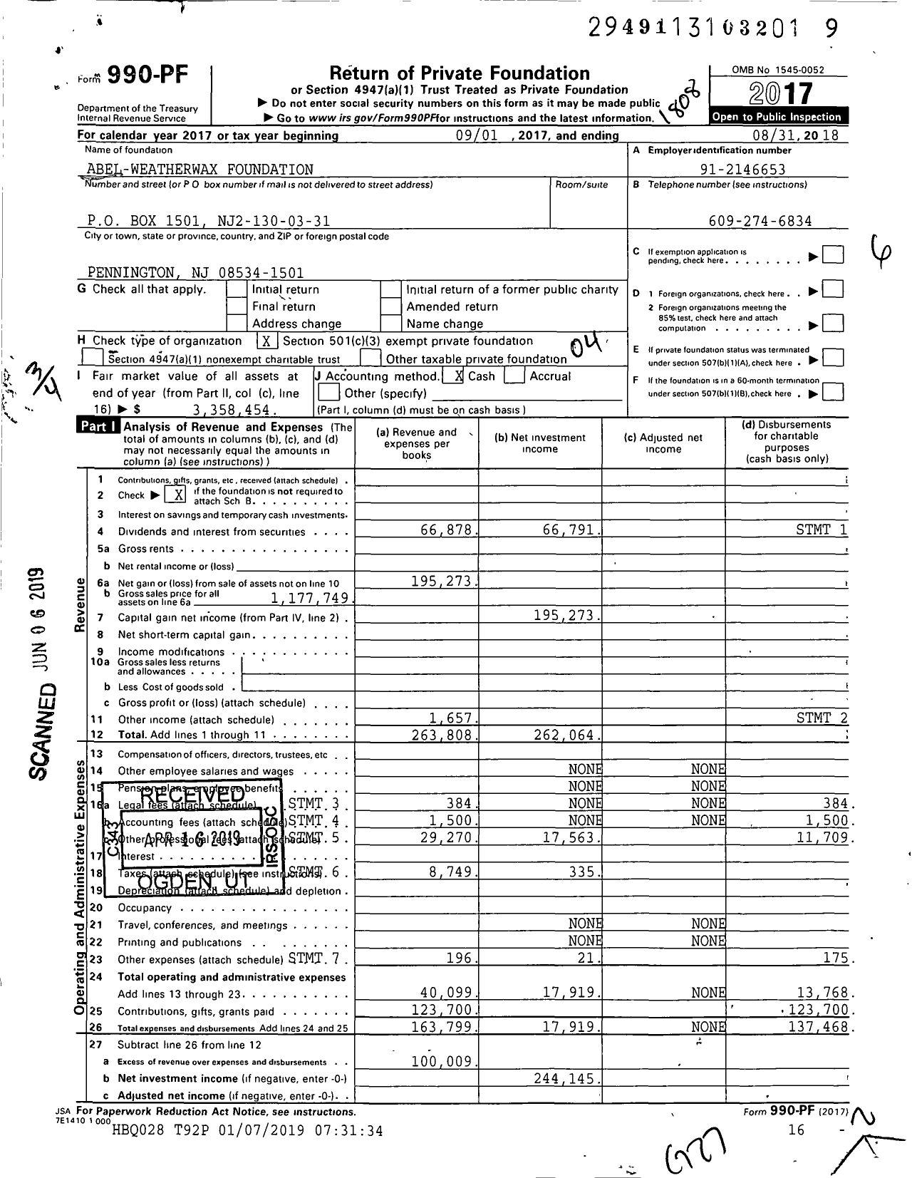 Image of first page of 2017 Form 990PF for Abel-Weatherwax Foundation