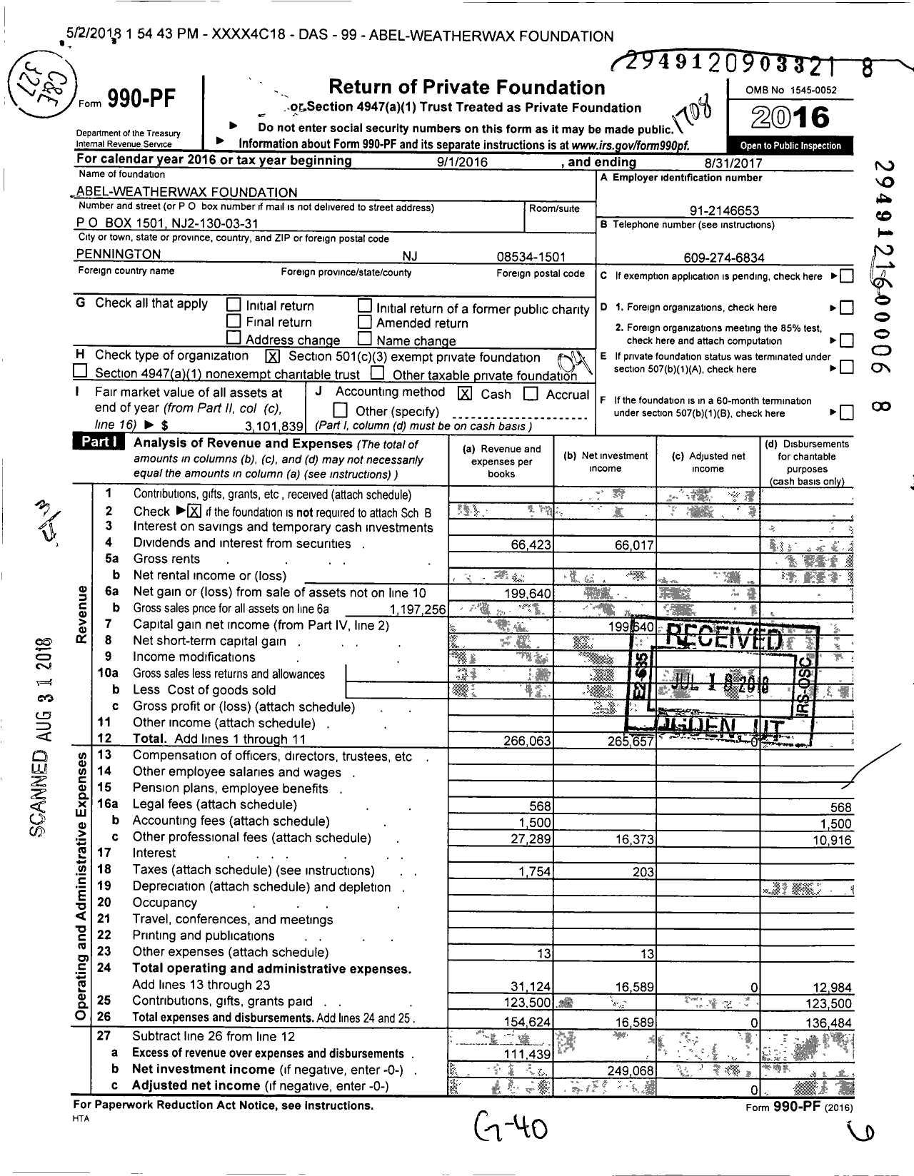 Image of first page of 2016 Form 990PF for Abel-Weatherwax Foundation