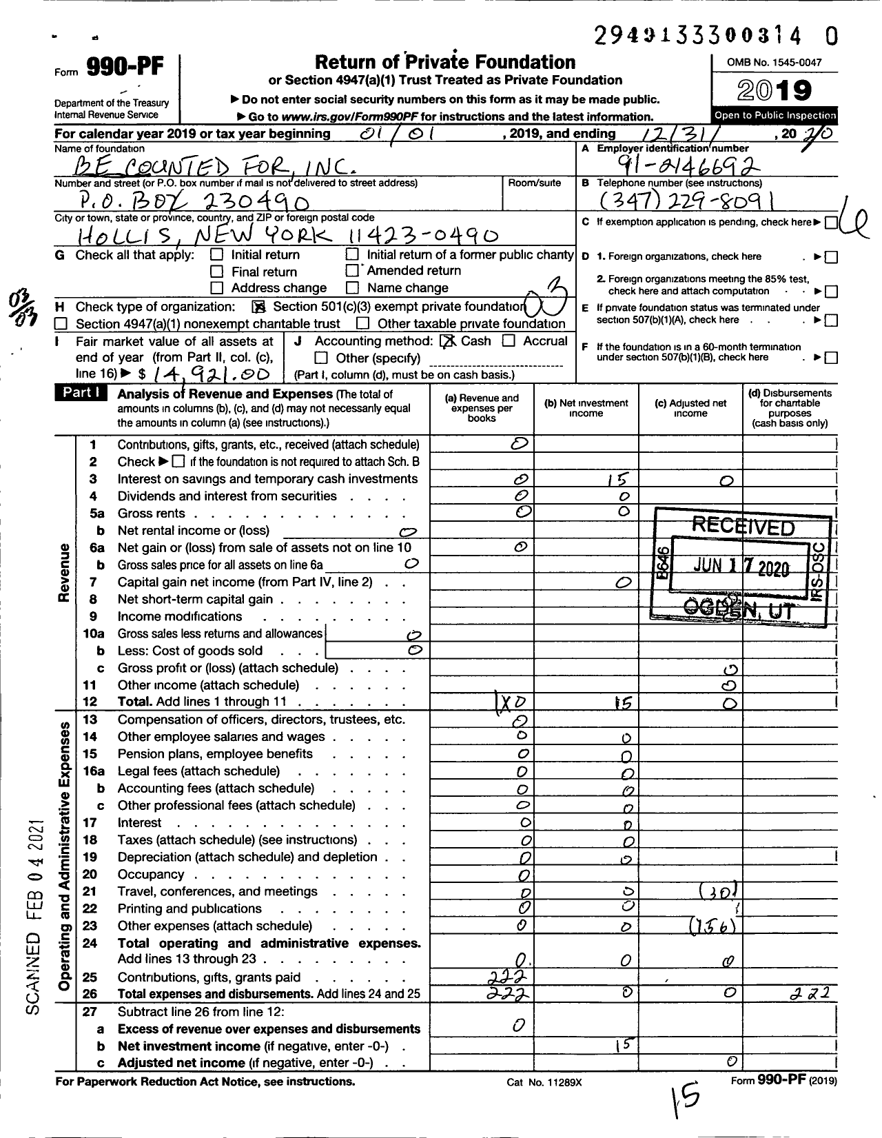 Image of first page of 2019 Form 990PF for Be Counted for