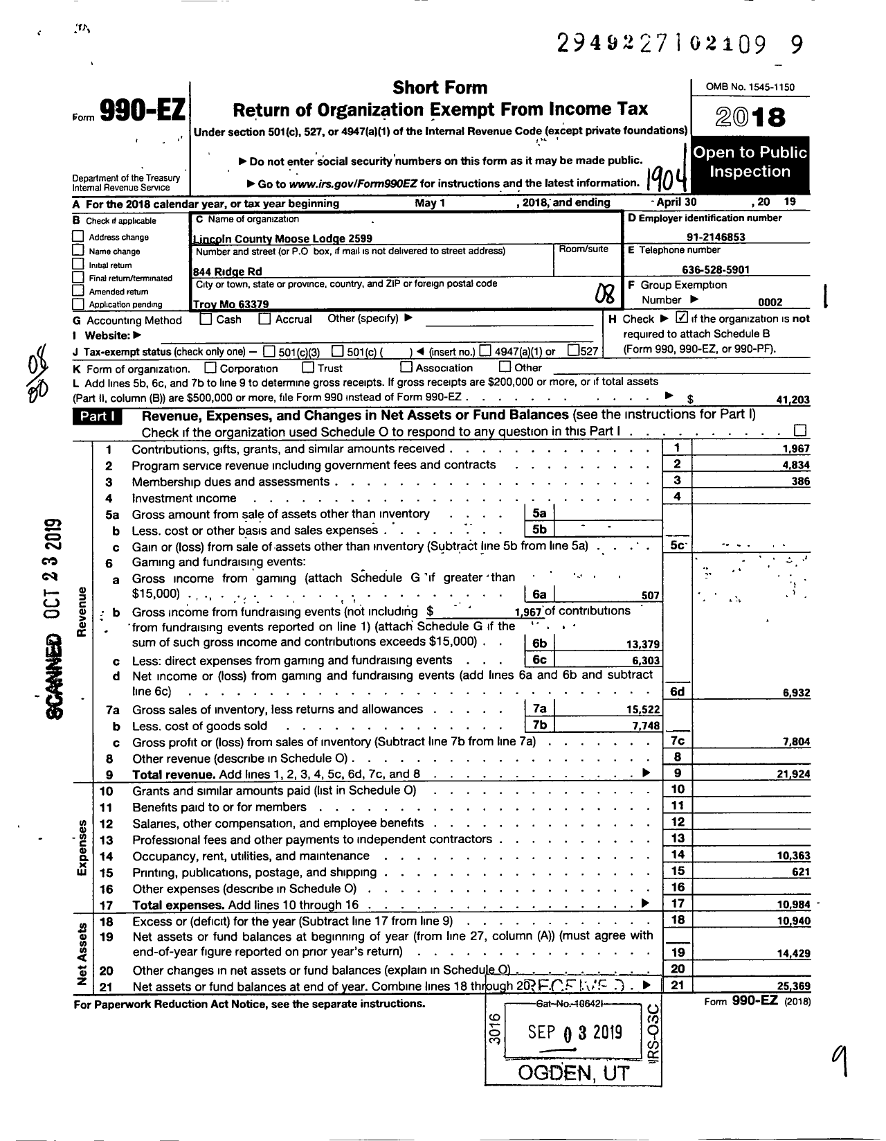 Image of first page of 2018 Form 990EO for Loyal Order of Moose - 2599