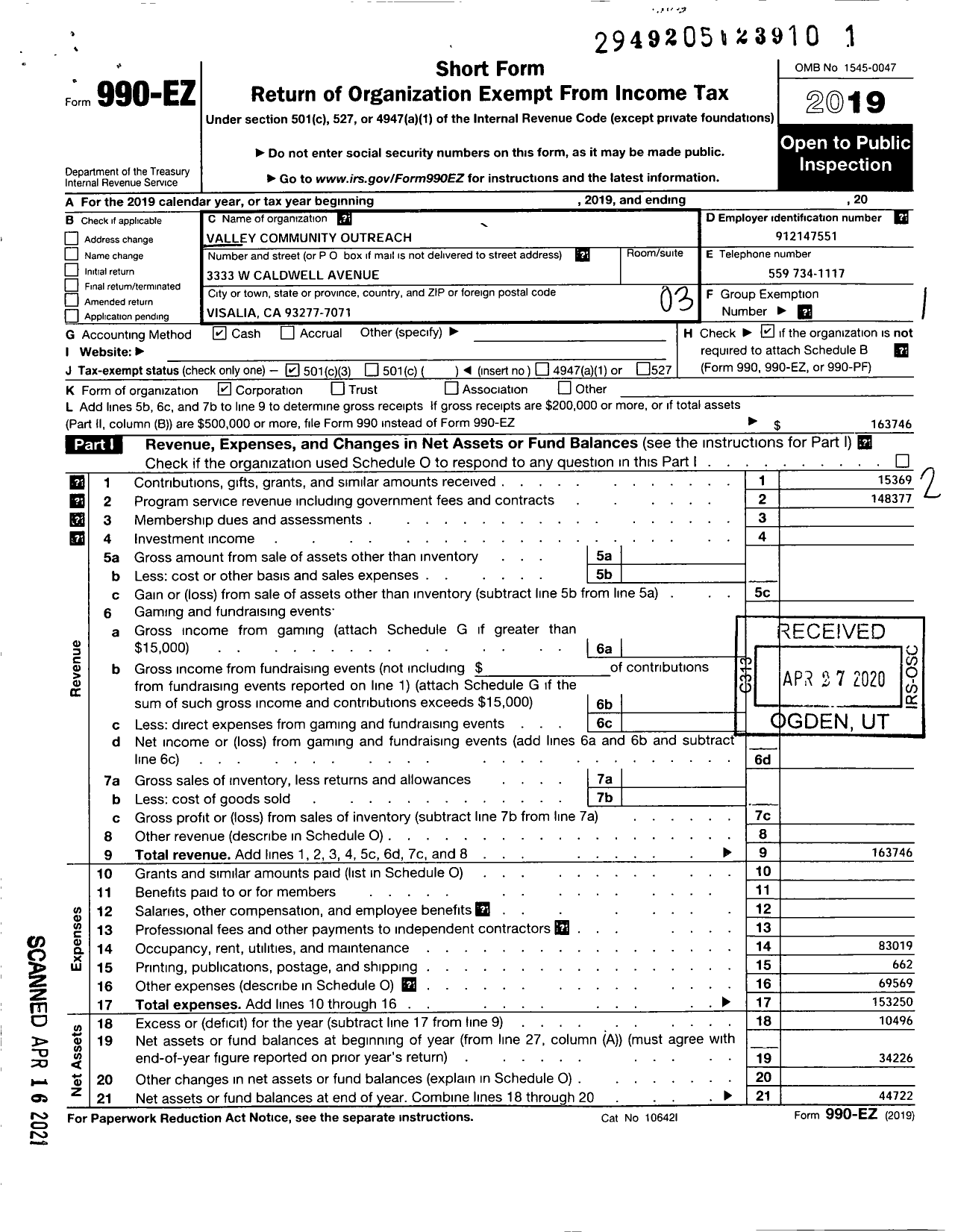 Image of first page of 2019 Form 990EZ for Valley Community Outreach Incorporation