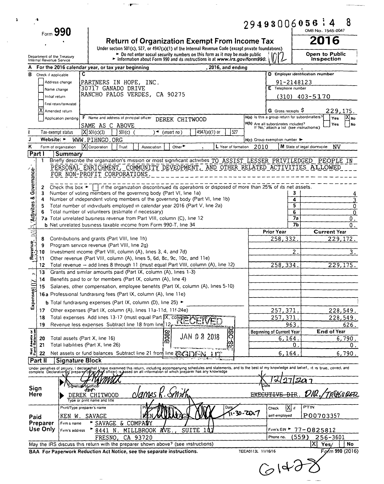 Image of first page of 2016 Form 990 for Partners in Hope