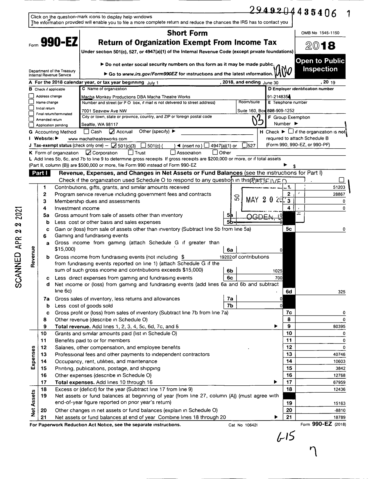 Image of first page of 2018 Form 990EZ for Macha MONKEY PRODUCTIONS