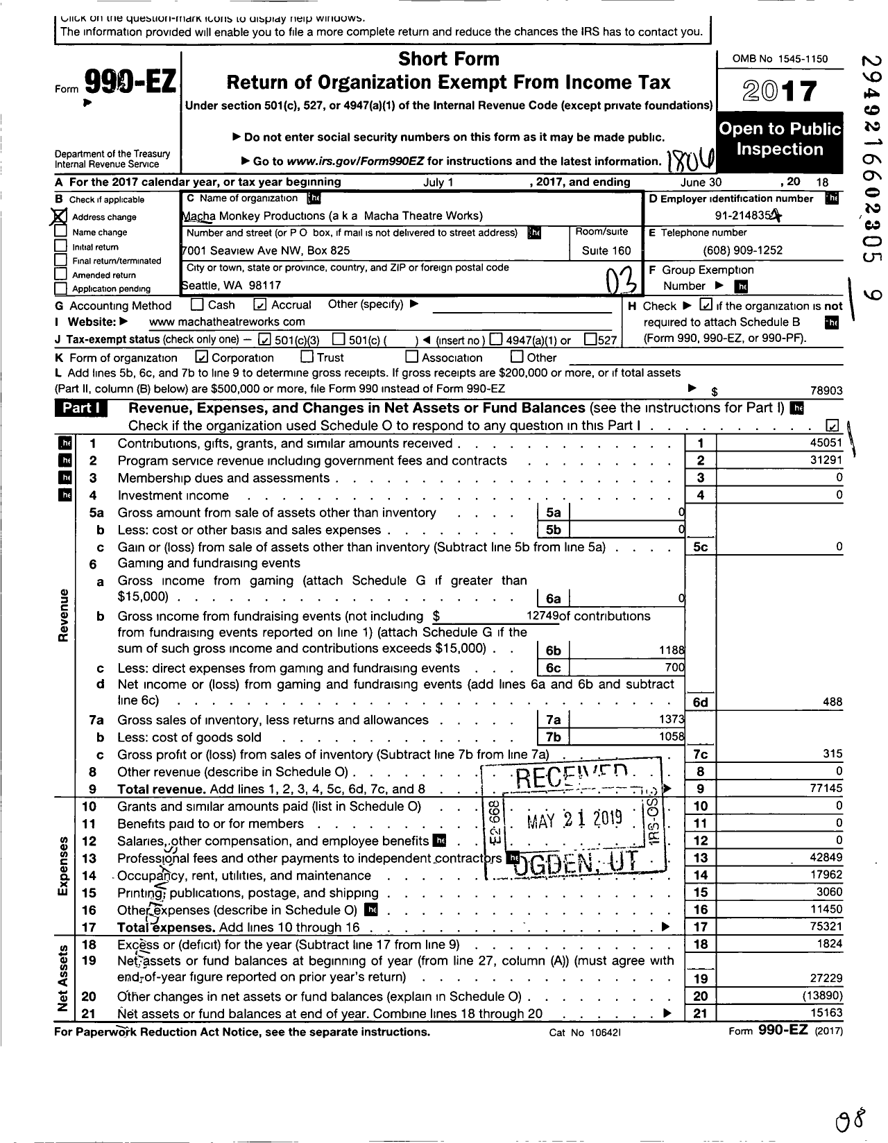 Image of first page of 2017 Form 990EZ for Macha MONKEY PRODUCTIONS