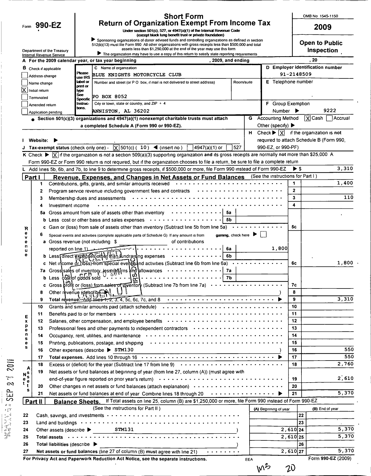 Image of first page of 2009 Form 990EO for Blue Knights International Law Enforement Motorcycle Club