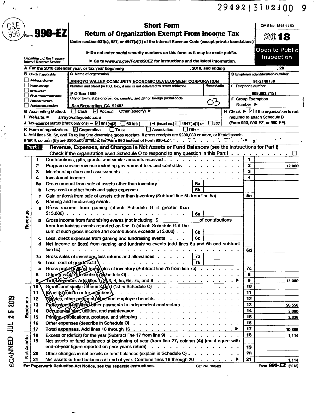 Image of first page of 2018 Form 990EZ for Arroyo Valley Community Economic Development Corporation