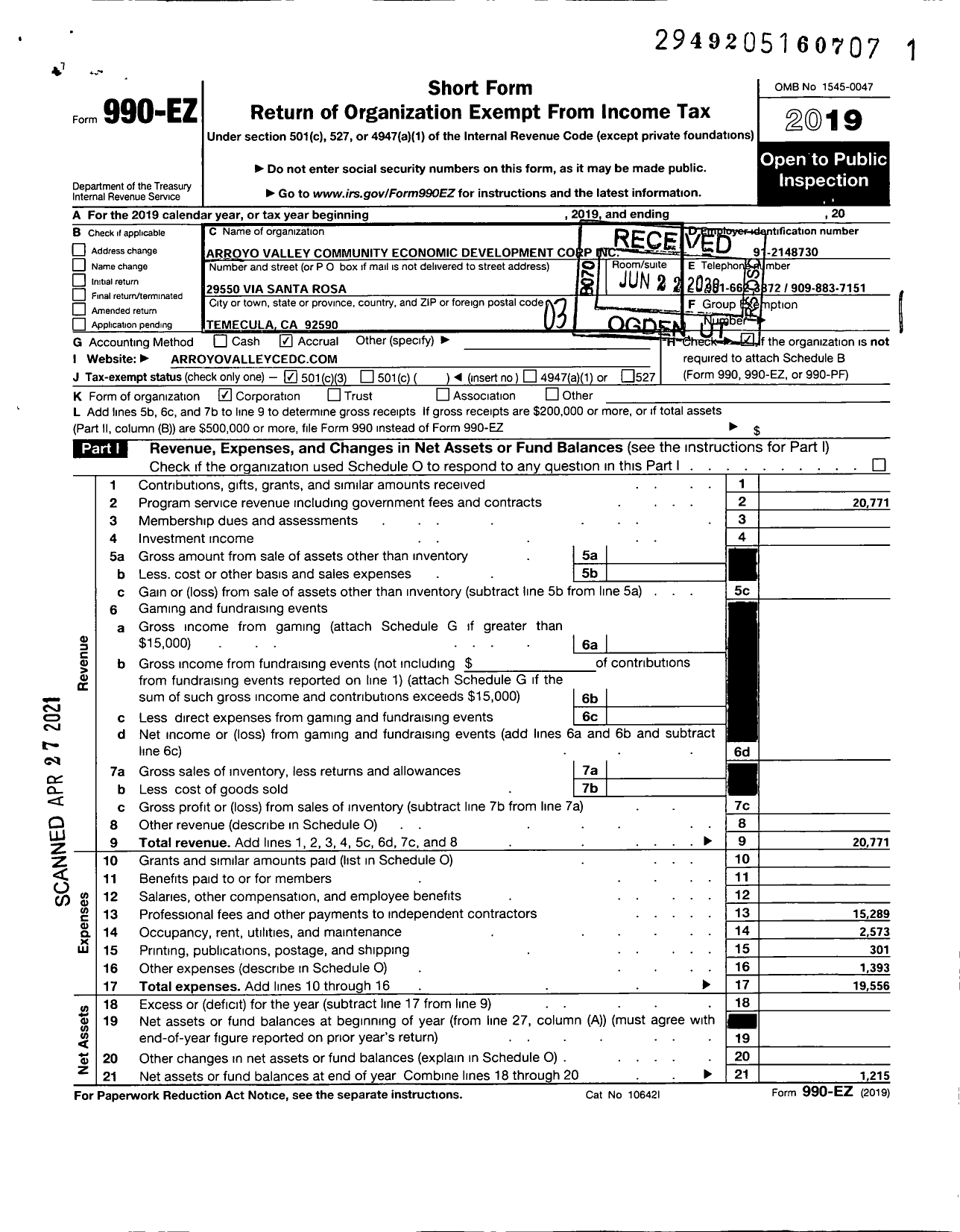 Image of first page of 2019 Form 990EZ for Arroyo Valley Community Economic Development Corporation