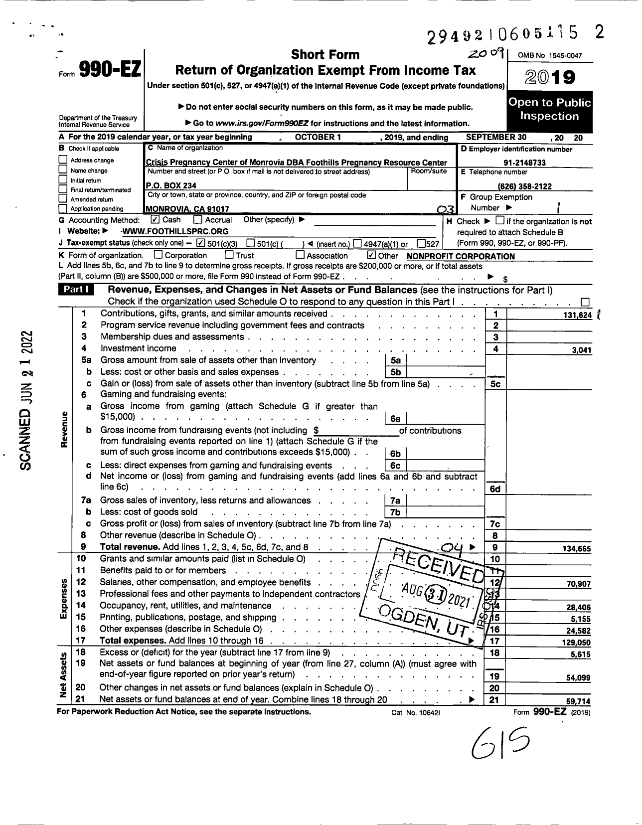 Image of first page of 2019 Form 990EZ for Foothills Pregnancy Resource Center