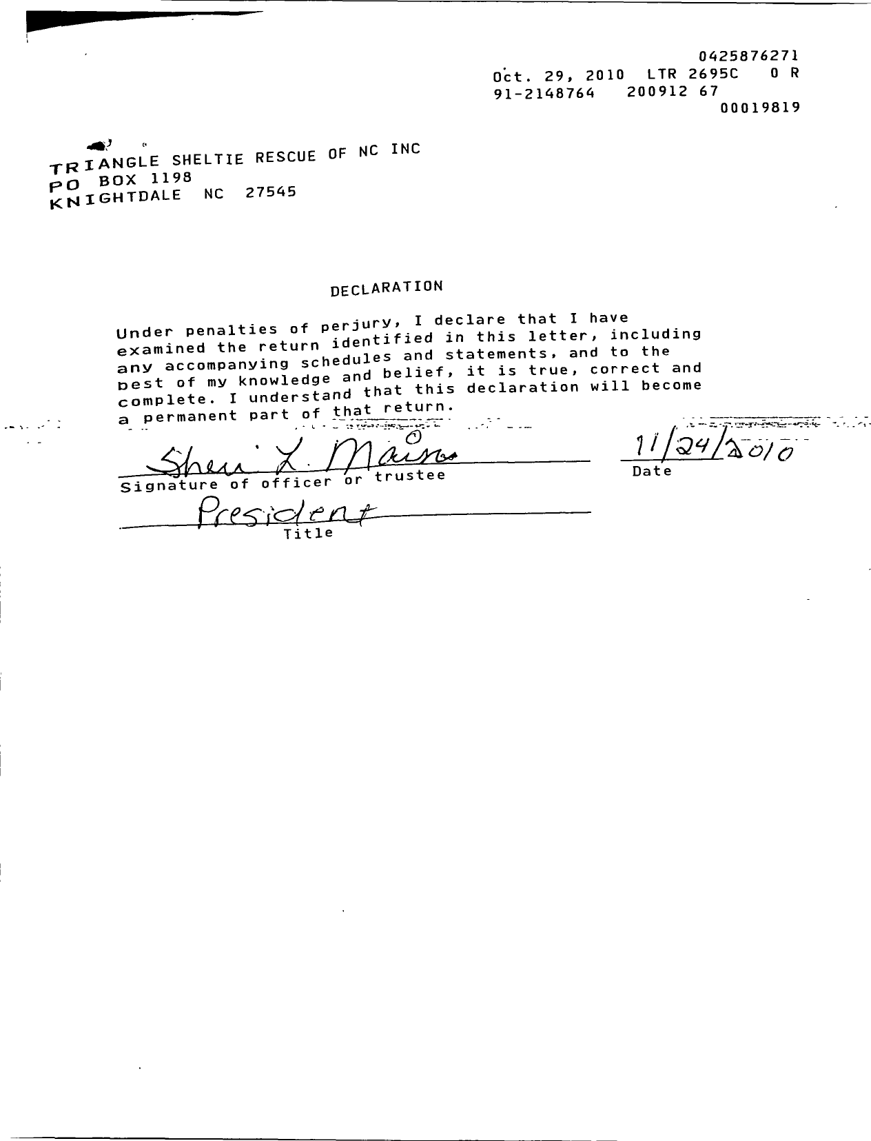 Image of first page of 2009 Form 990ER for Triangle Sheltie Rescue of North Carolina