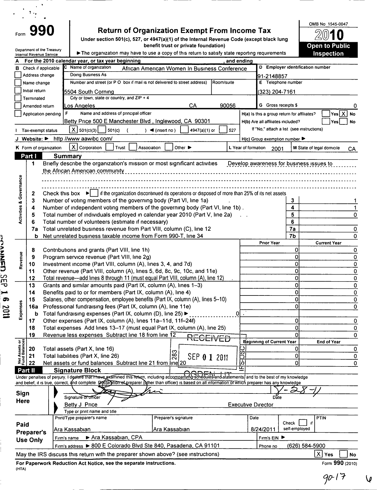 Image of first page of 2010 Form 990 for Black Women in Business / Aawibc