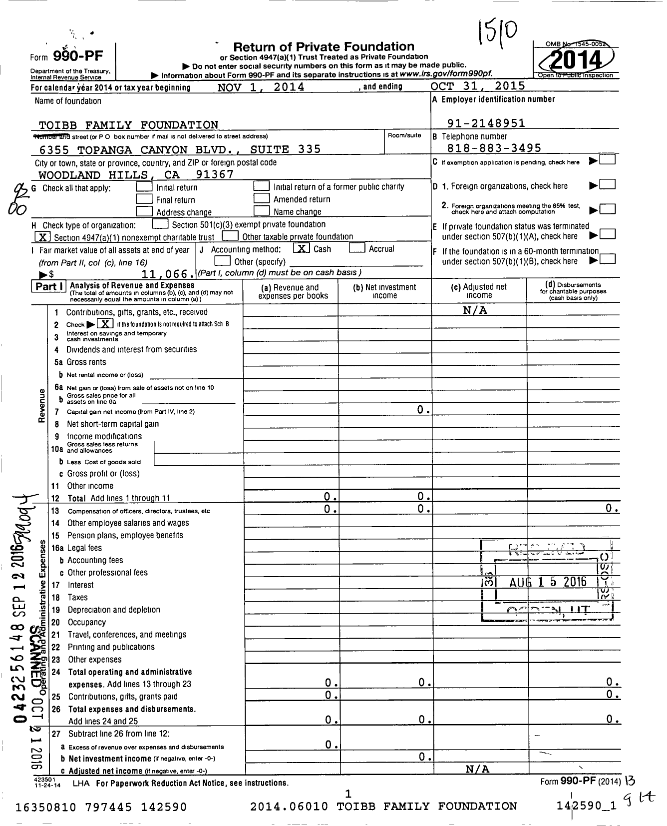 Image of first page of 2014 Form 990PF for Toibb Family Foundation