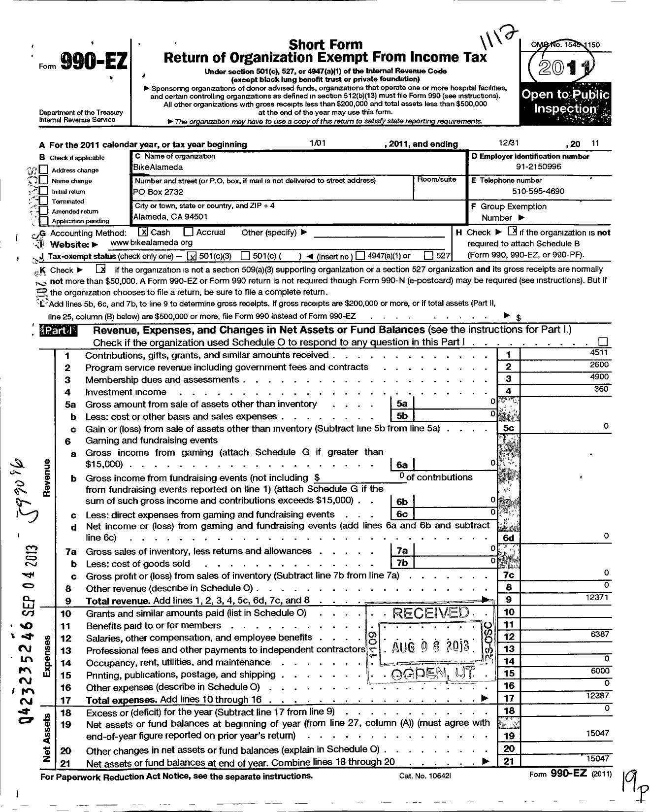 Image of first page of 2011 Form 990EZ for Bike Walk Bikealameda