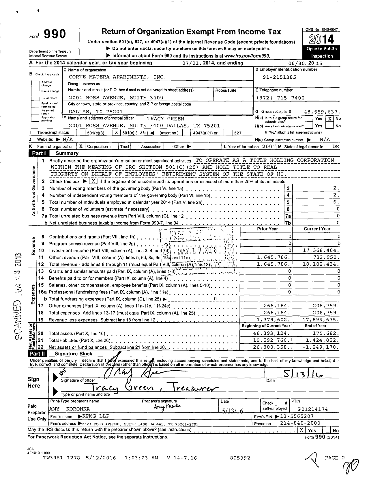 Image of first page of 2014 Form 990O for Corte Madera Apartments