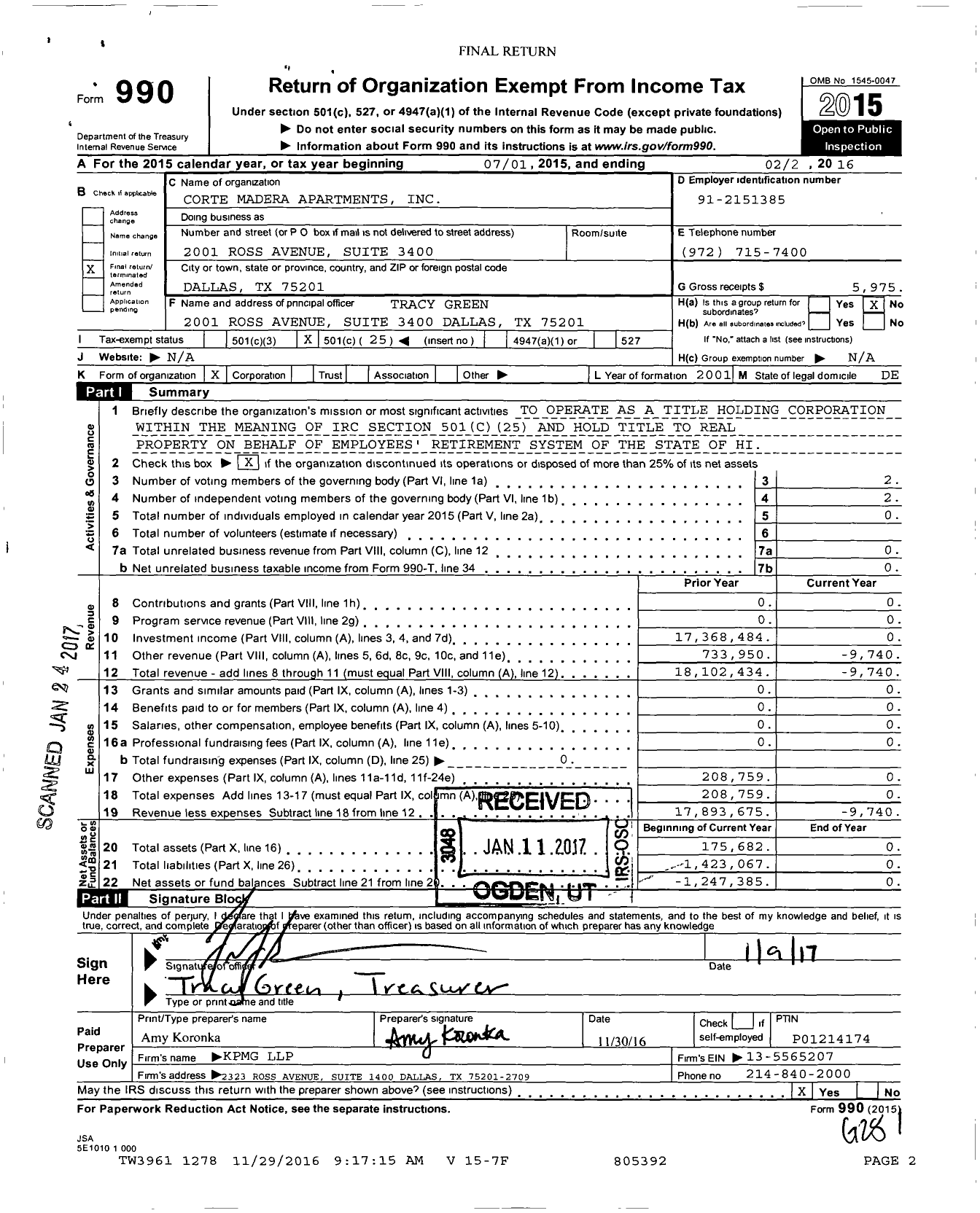 Image of first page of 2015 Form 990O for Corte Madera Apartments