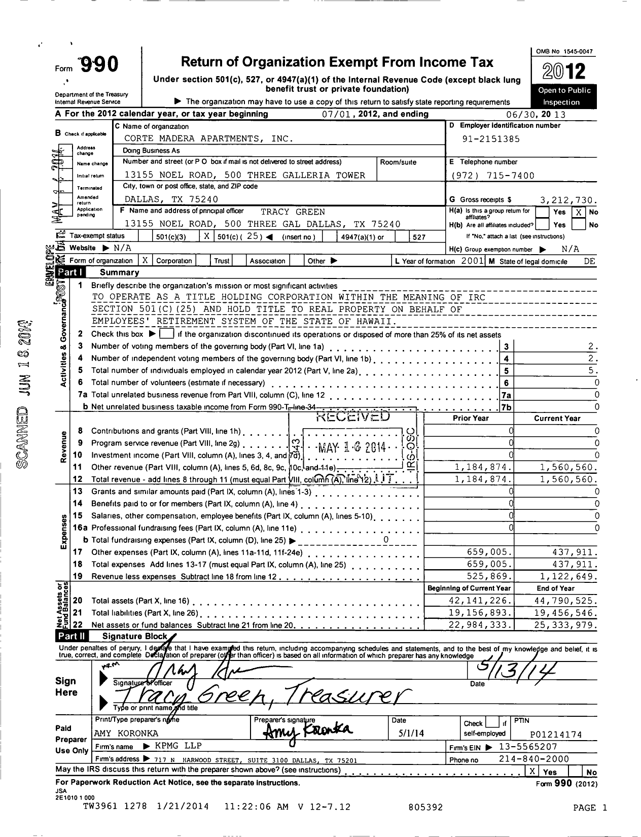 Image of first page of 2012 Form 990O for Corte Madera Apartments
