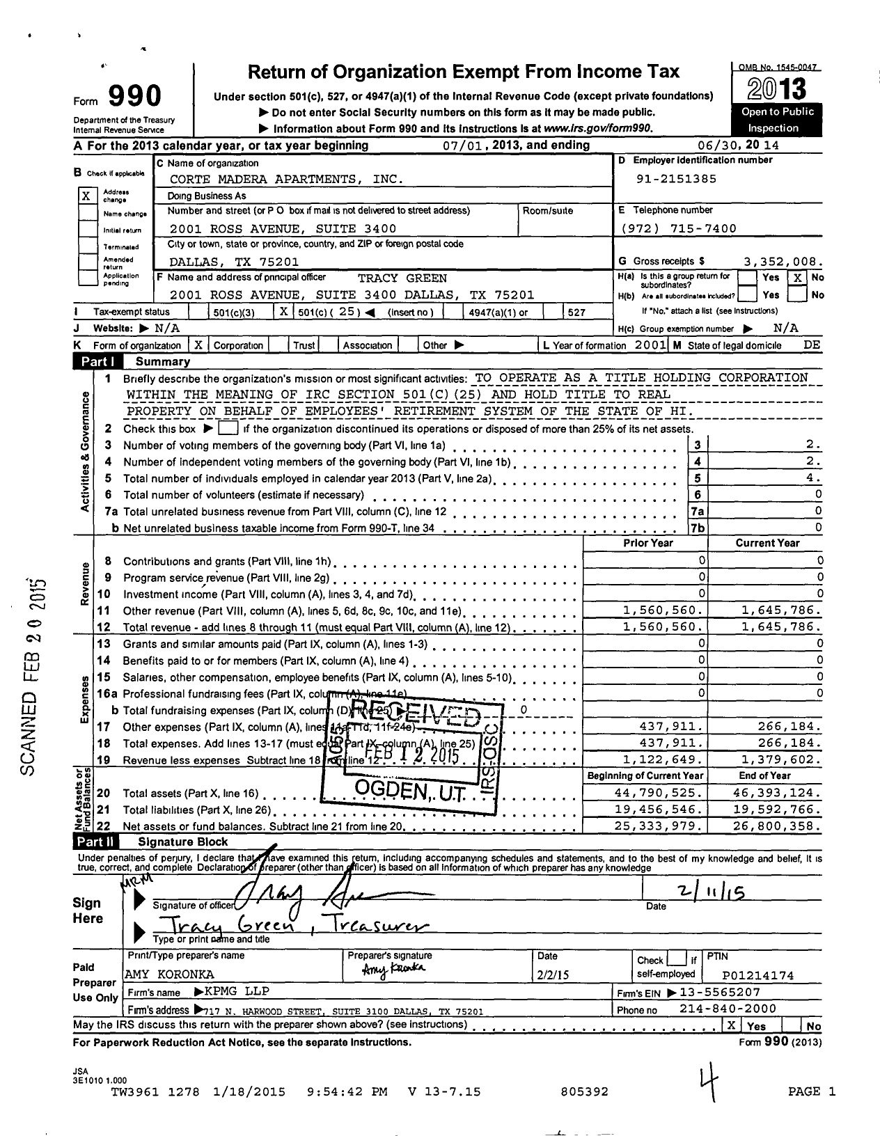 Image of first page of 2013 Form 990O for Corte Madera Apartments