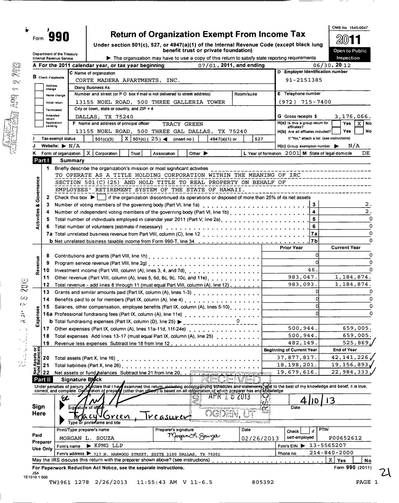 Image of first page of 2011 Form 990O for Corte Madera Apartments
