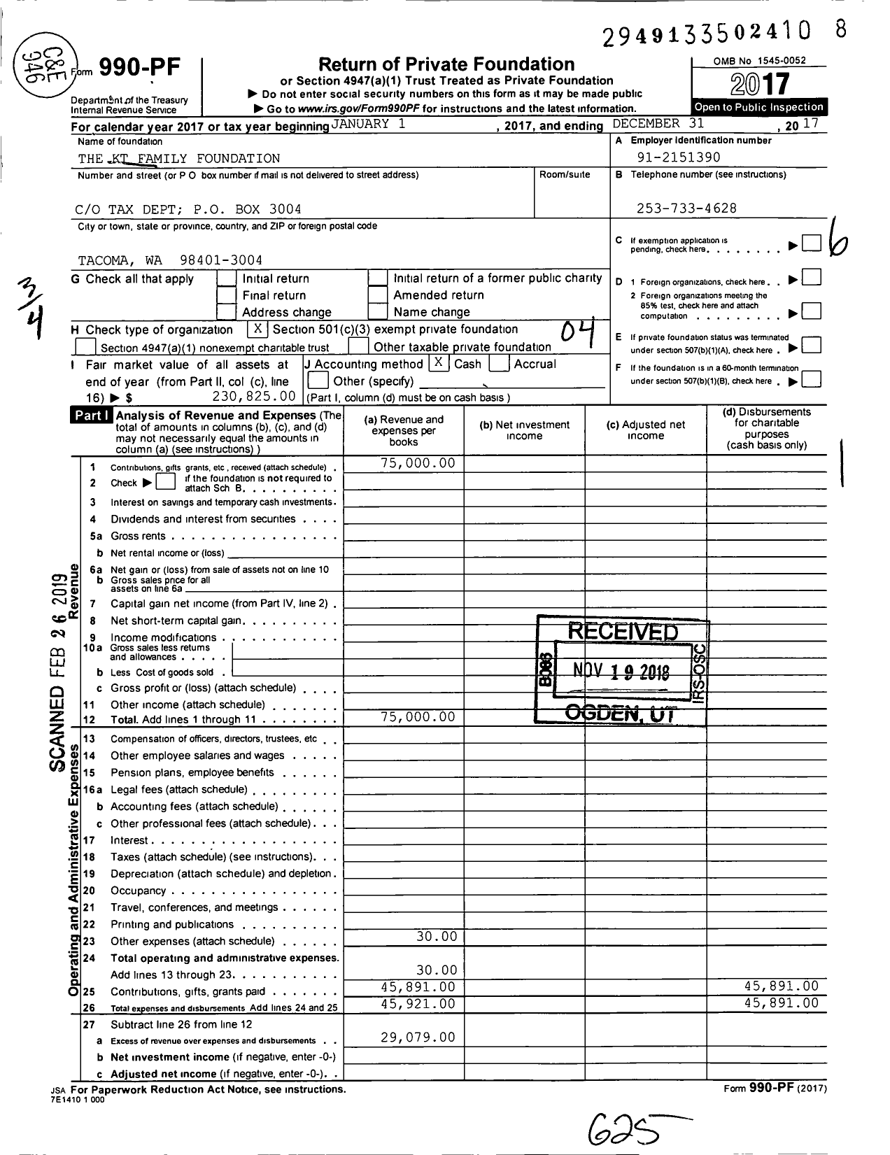 Image of first page of 2017 Form 990PF for The KT Family Foundation