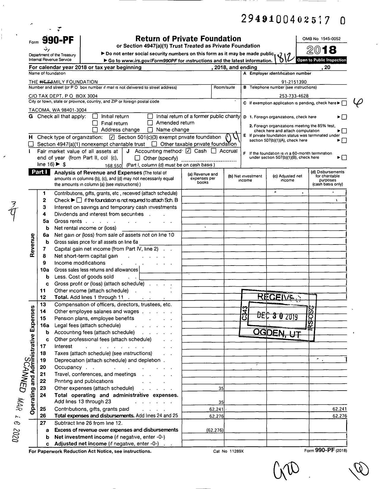 Image of first page of 2018 Form 990PR for The KT Family Foundation
