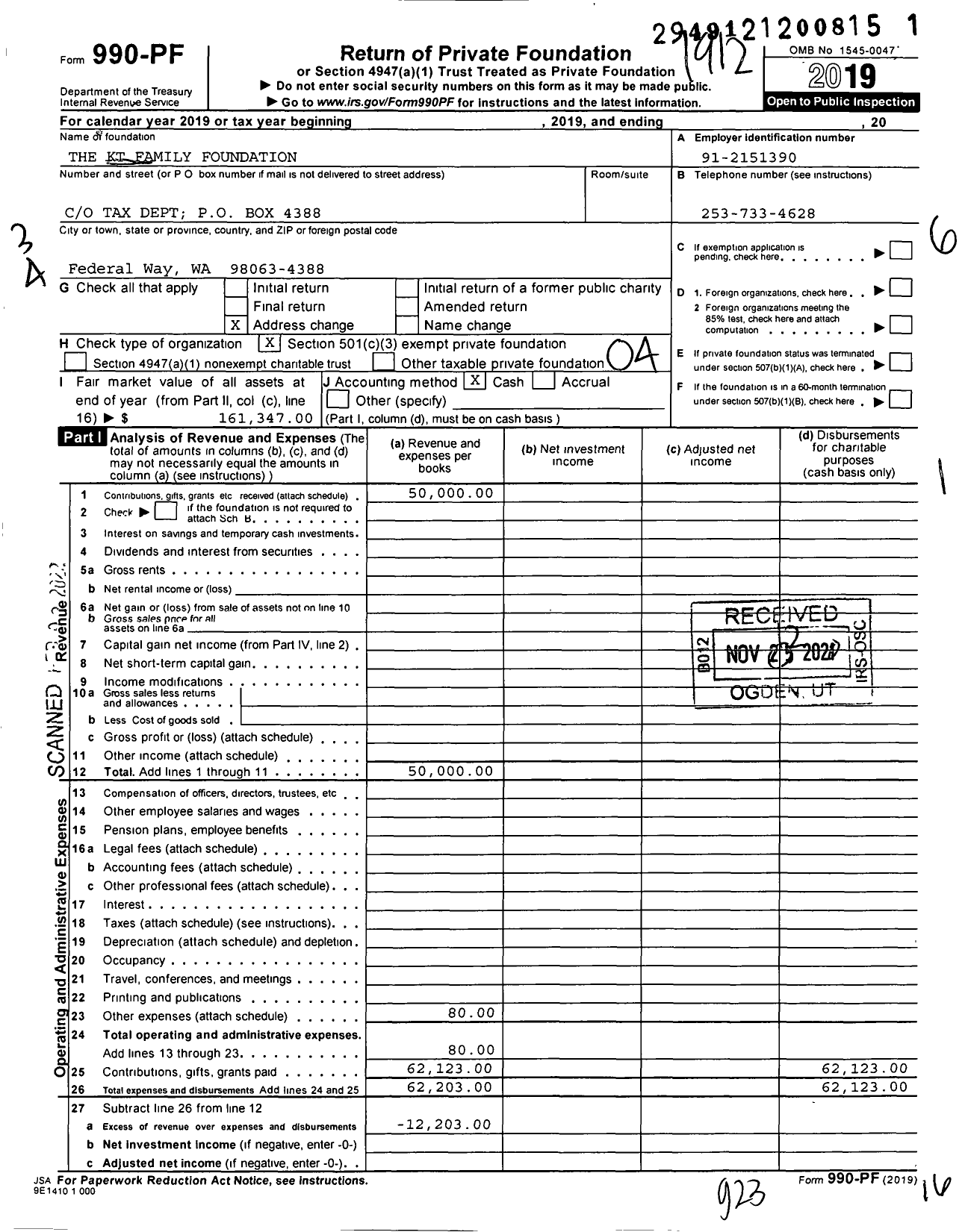Image of first page of 2019 Form 990PF for The KT Family Foundation