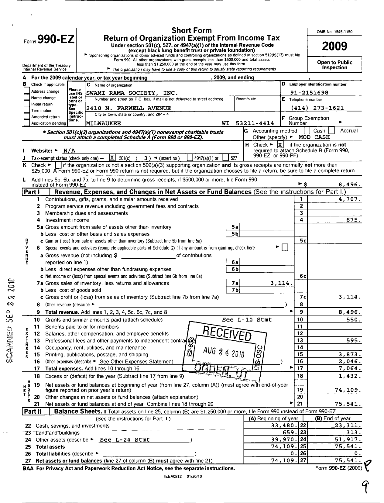 Image of first page of 2009 Form 990EZ for Swami Rama Society