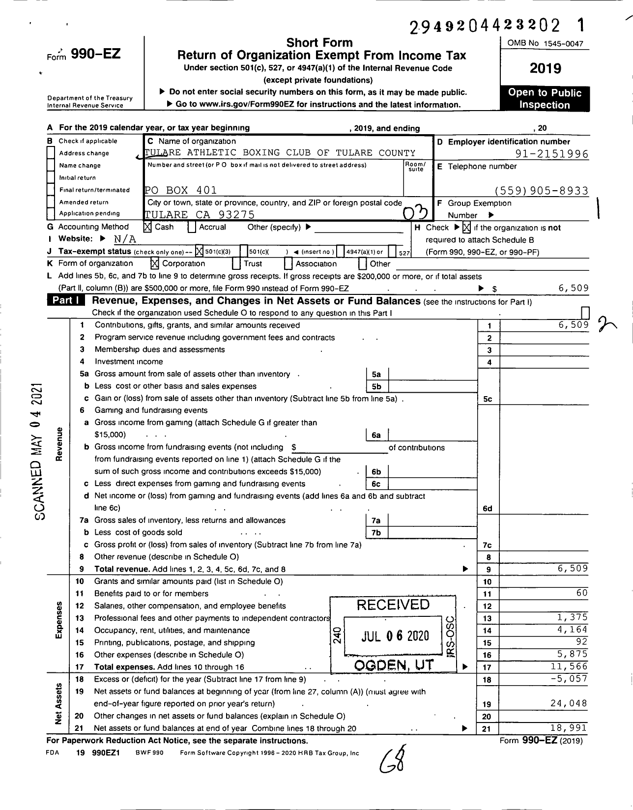 Image of first page of 2019 Form 990EZ for Tulare Athletic Boxing Club