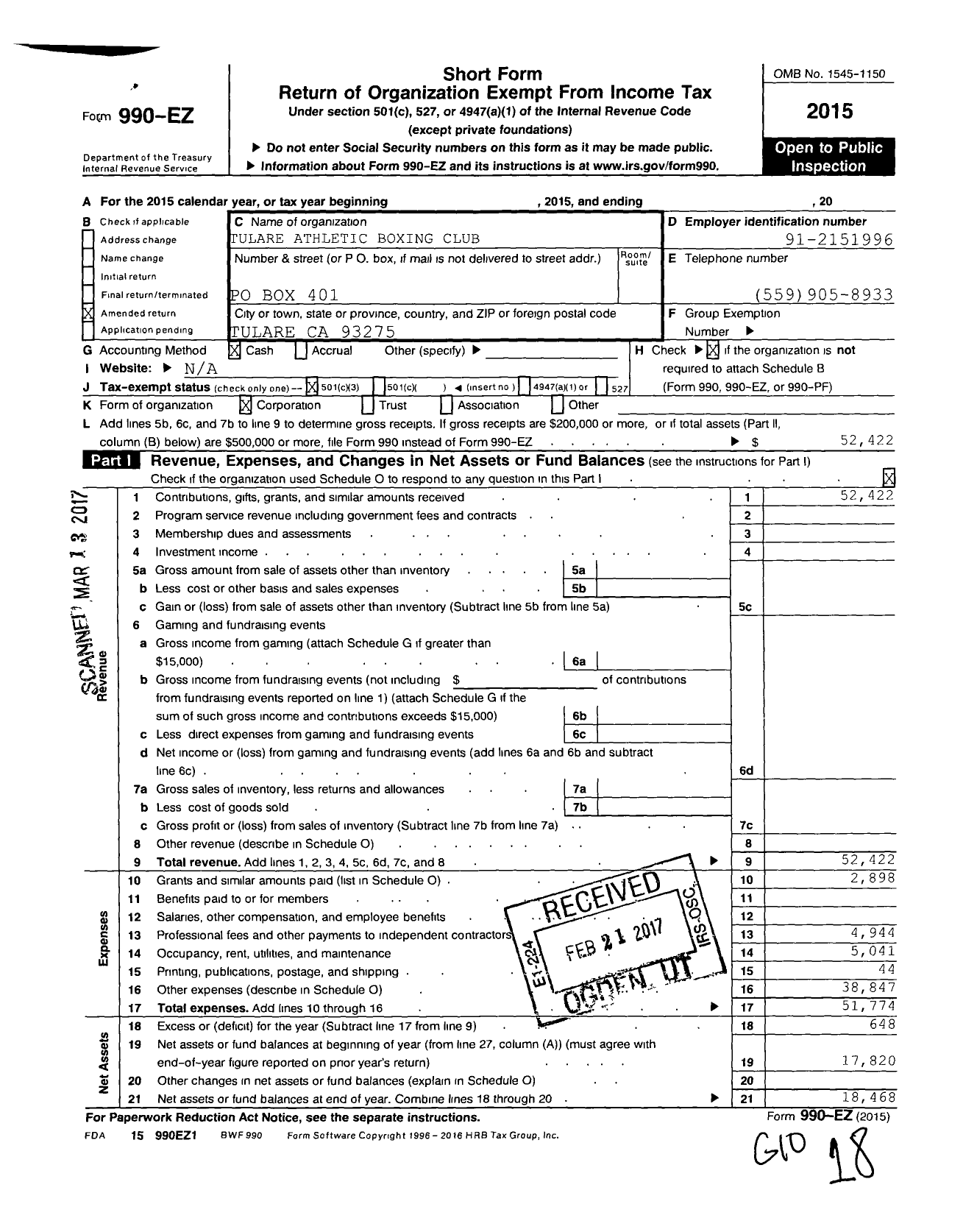 Image of first page of 2015 Form 990EZ for Tulare Athletic Boxing Club