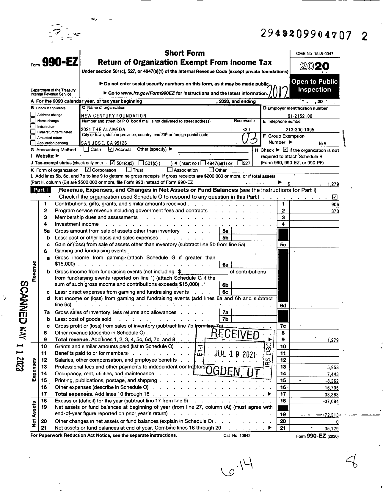 Image of first page of 2020 Form 990EZ for New Century Foundation