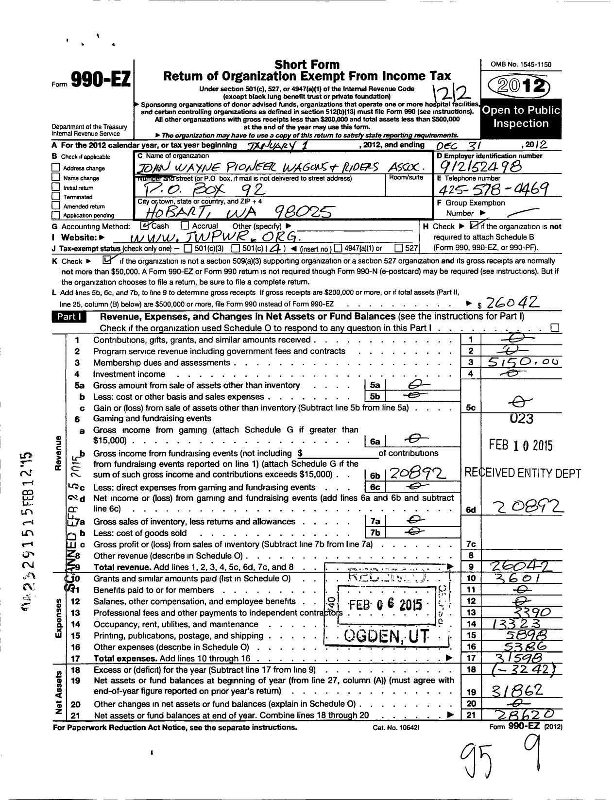 Image of first page of 2012 Form 990EO for John Wayne Pioneer Wagons and Riders