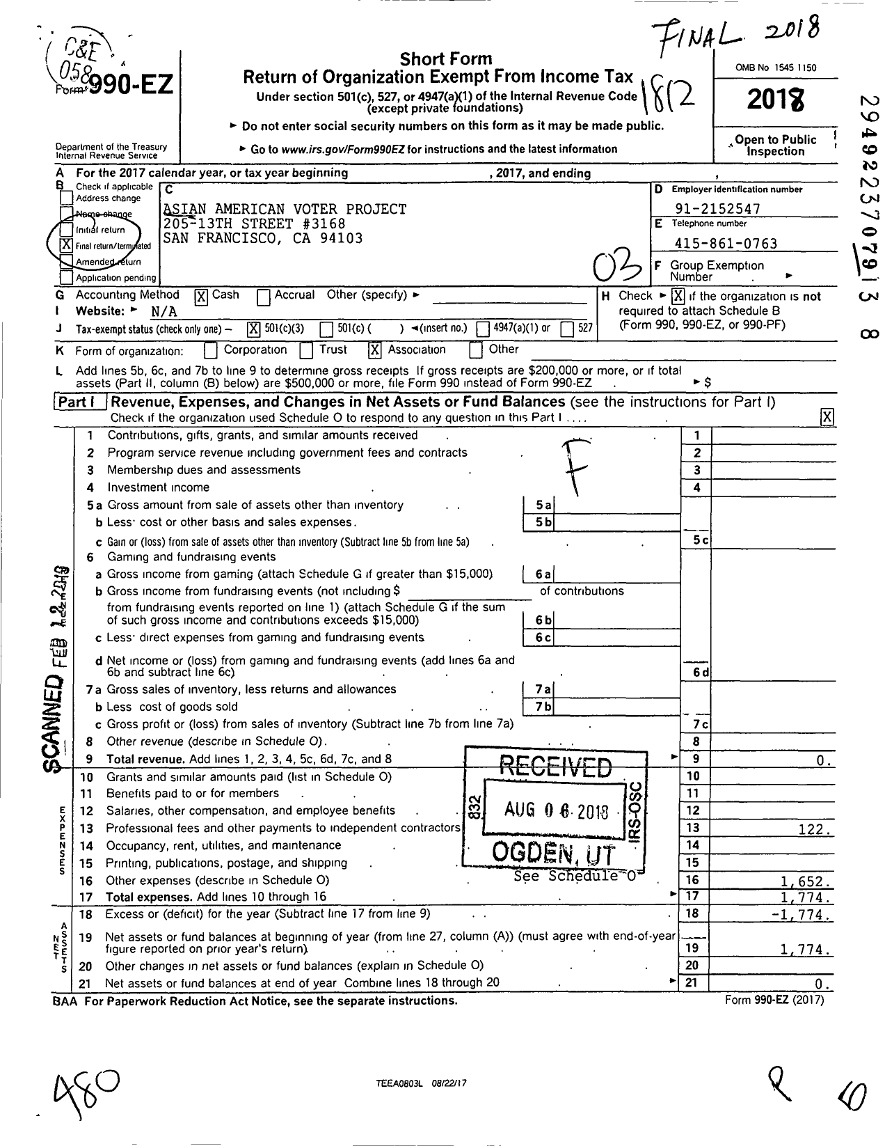 Image of first page of 2018 Form 990EZ for Asian American Voter Project