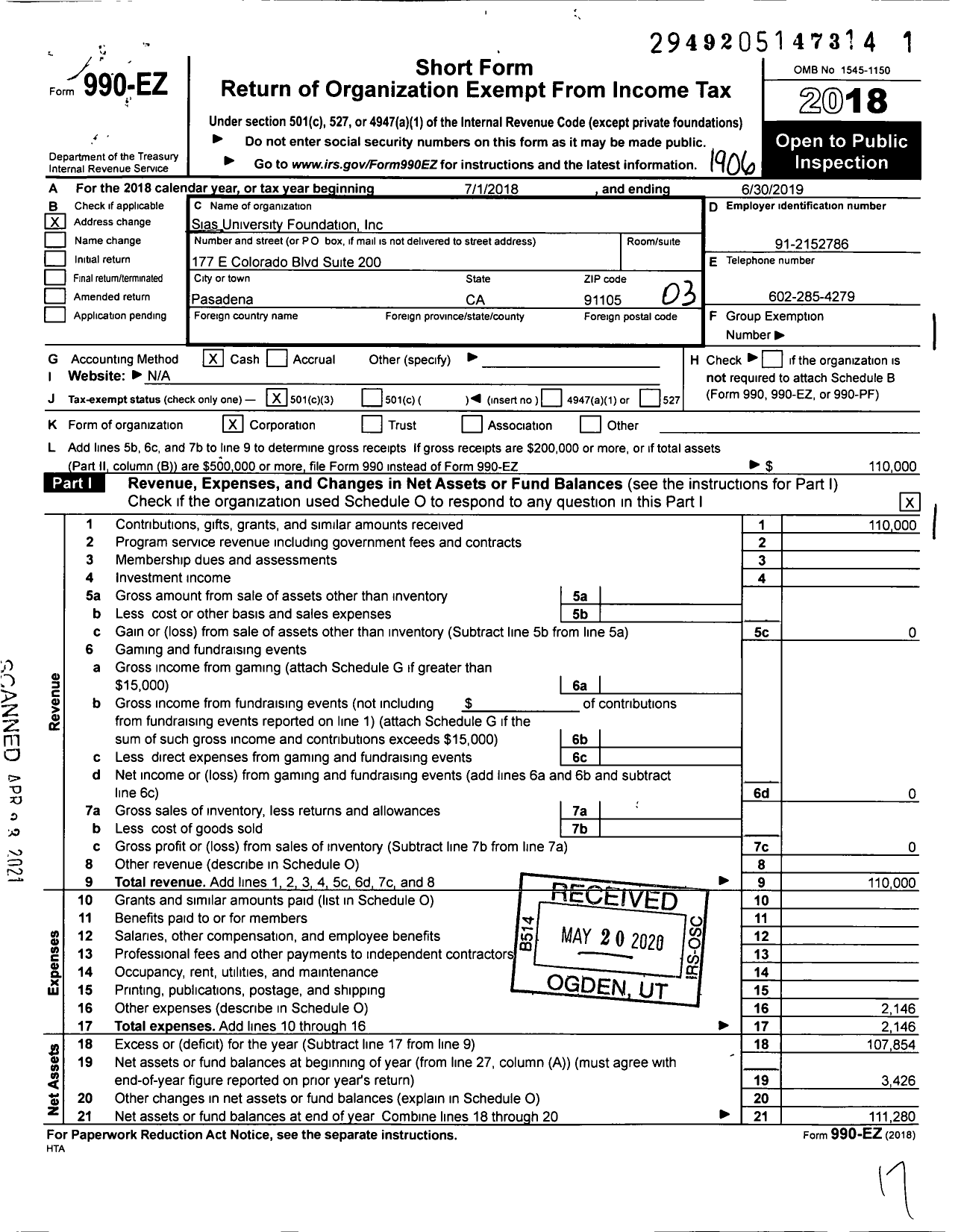 Image of first page of 2018 Form 990EZ for Sias University Foundation