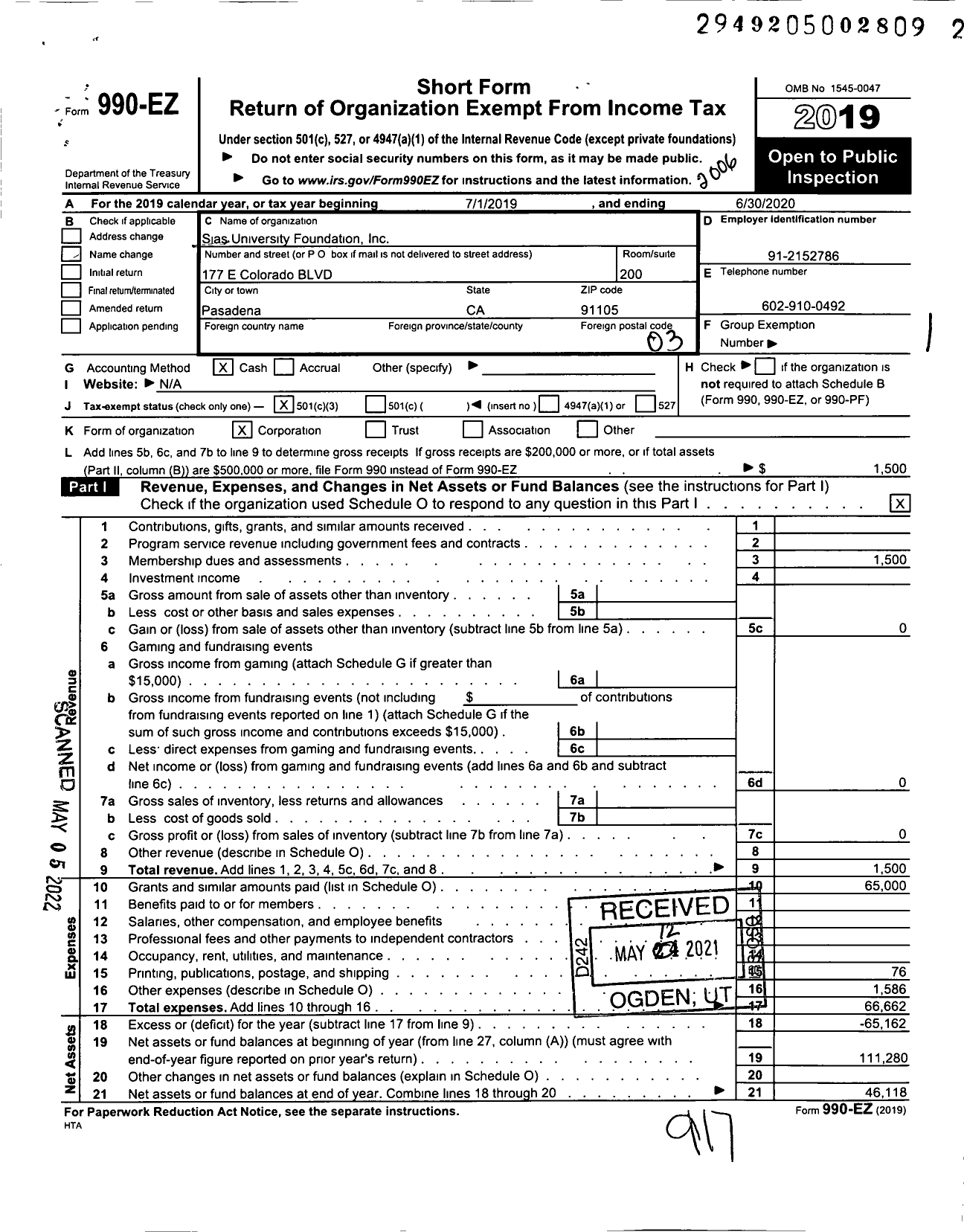 Image of first page of 2019 Form 990EZ for Sias University Foundation