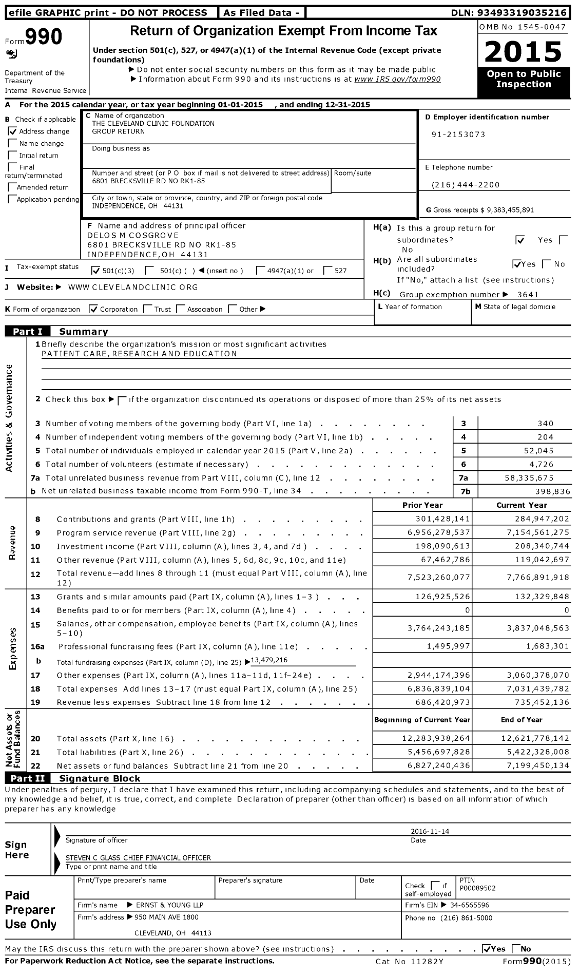 Image of first page of 2015 Form 990 for Cleveland Clinic