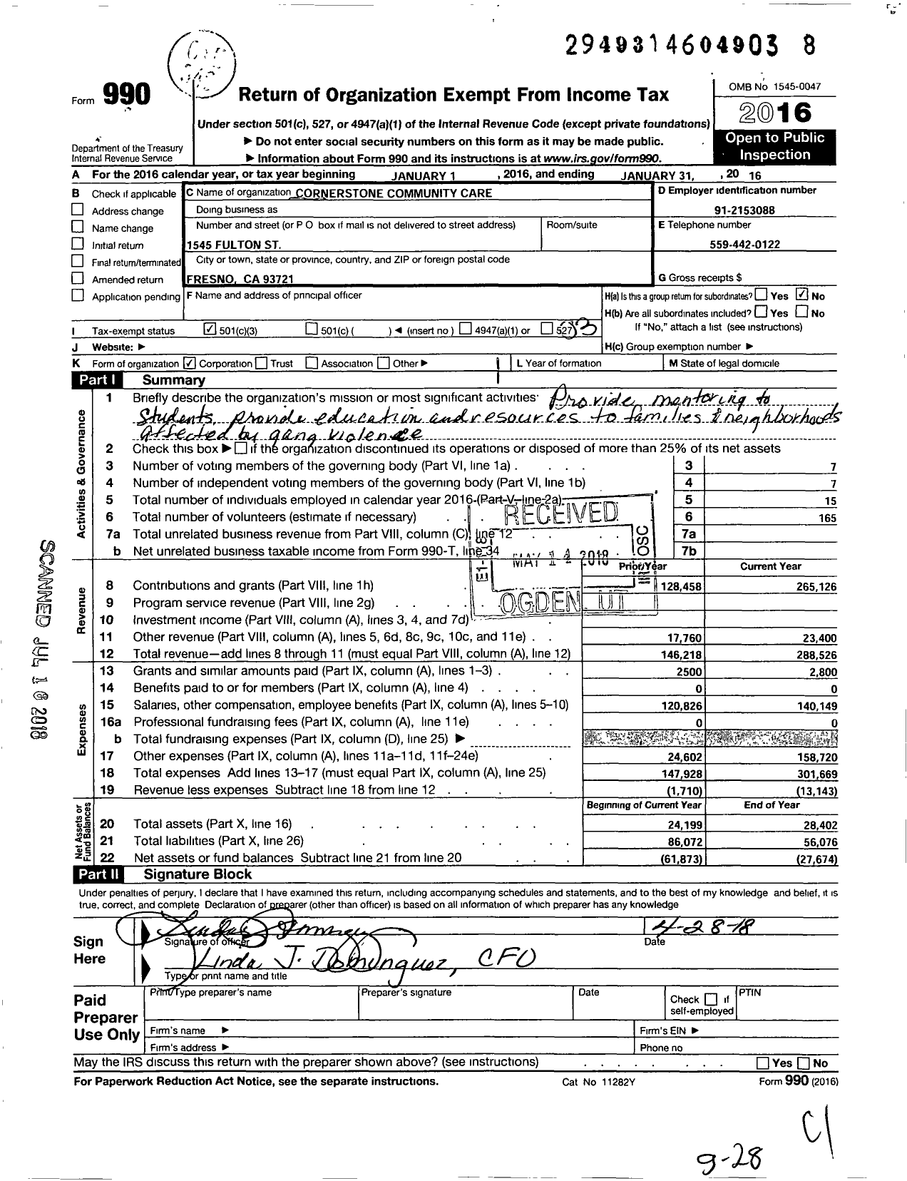 Image of first page of 2015 Form 990 for Cornerstone Community Care