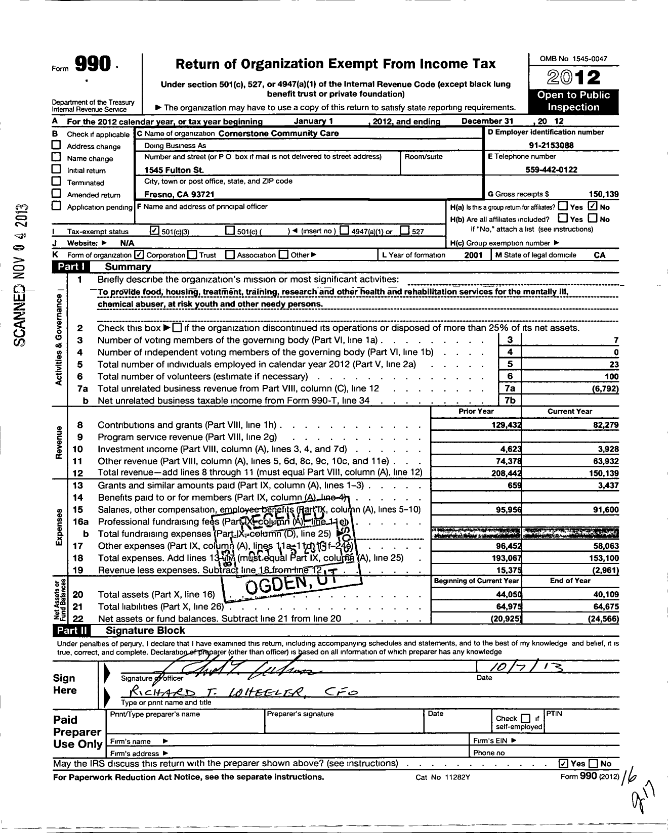 Image of first page of 2012 Form 990 for Cornerstone Community Care