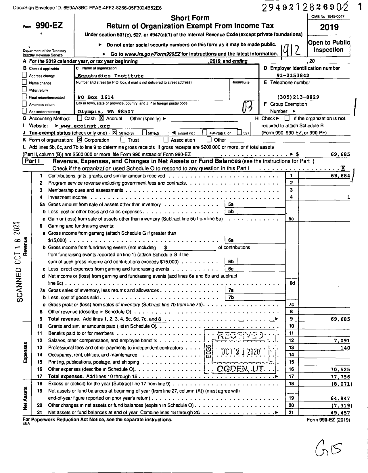 Image of first page of 2019 Form 990EZ for Ecostudies Institute